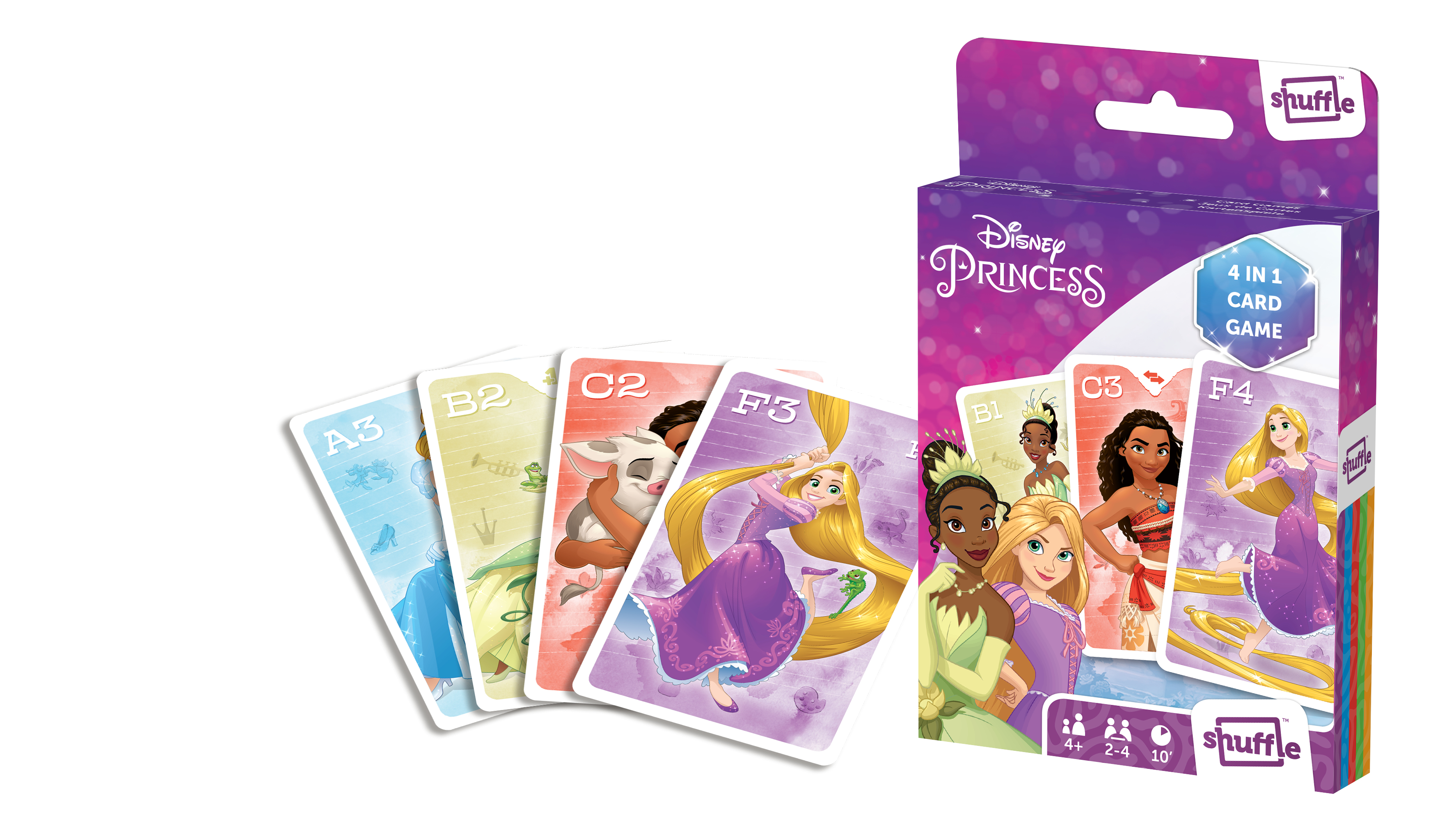 Disney Prinzessin 4-in-1-Kartenspielbox mit vier bunten Spielkarten, die Rapunzel und andere Prinzessinnen zeigen.