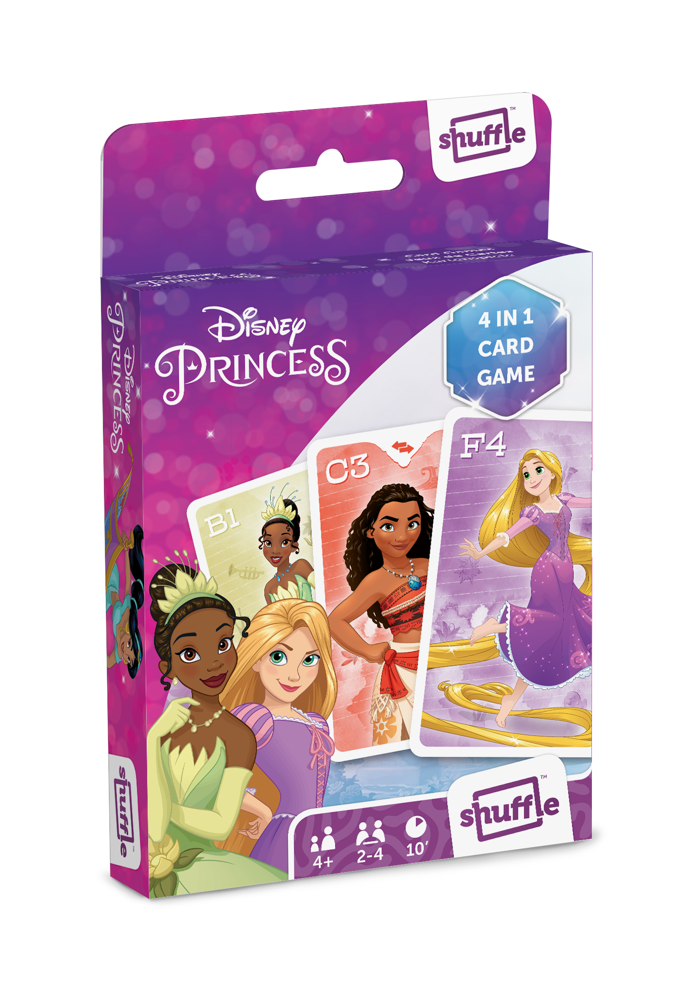 Eine lila Schachtel des Shuffle Disney Princess 4 in 1 Kartenspiels mit Charakteren wie Tiana und Rapunzel.