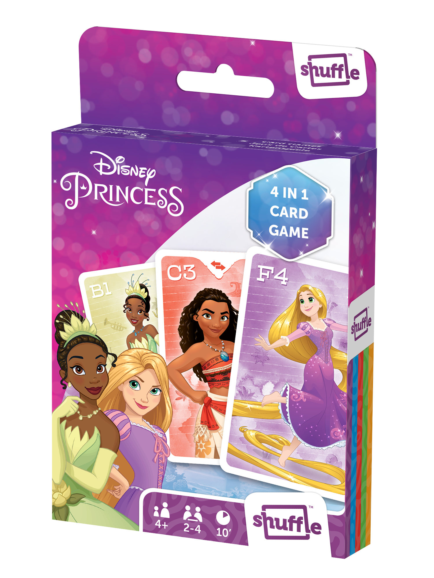 Disney Princess Kartenspiel-Box mit Tiana, Moana und Rapunzel auf den Karten vor einem violetten Hintergrund.
