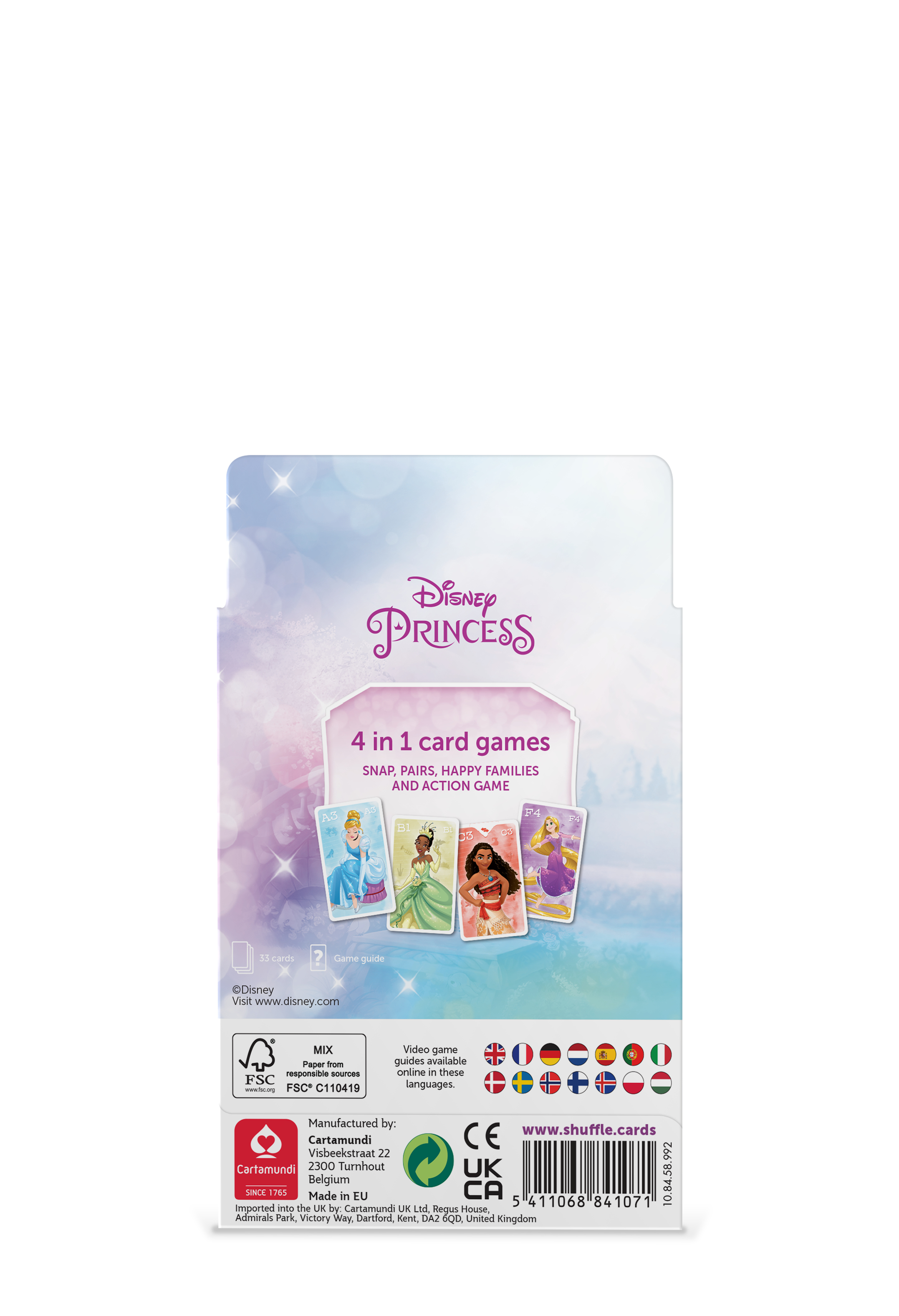 Rückseite einer Disney Princess 4-in-1-Kartenspielverpackung mit Charakteren und Logos.