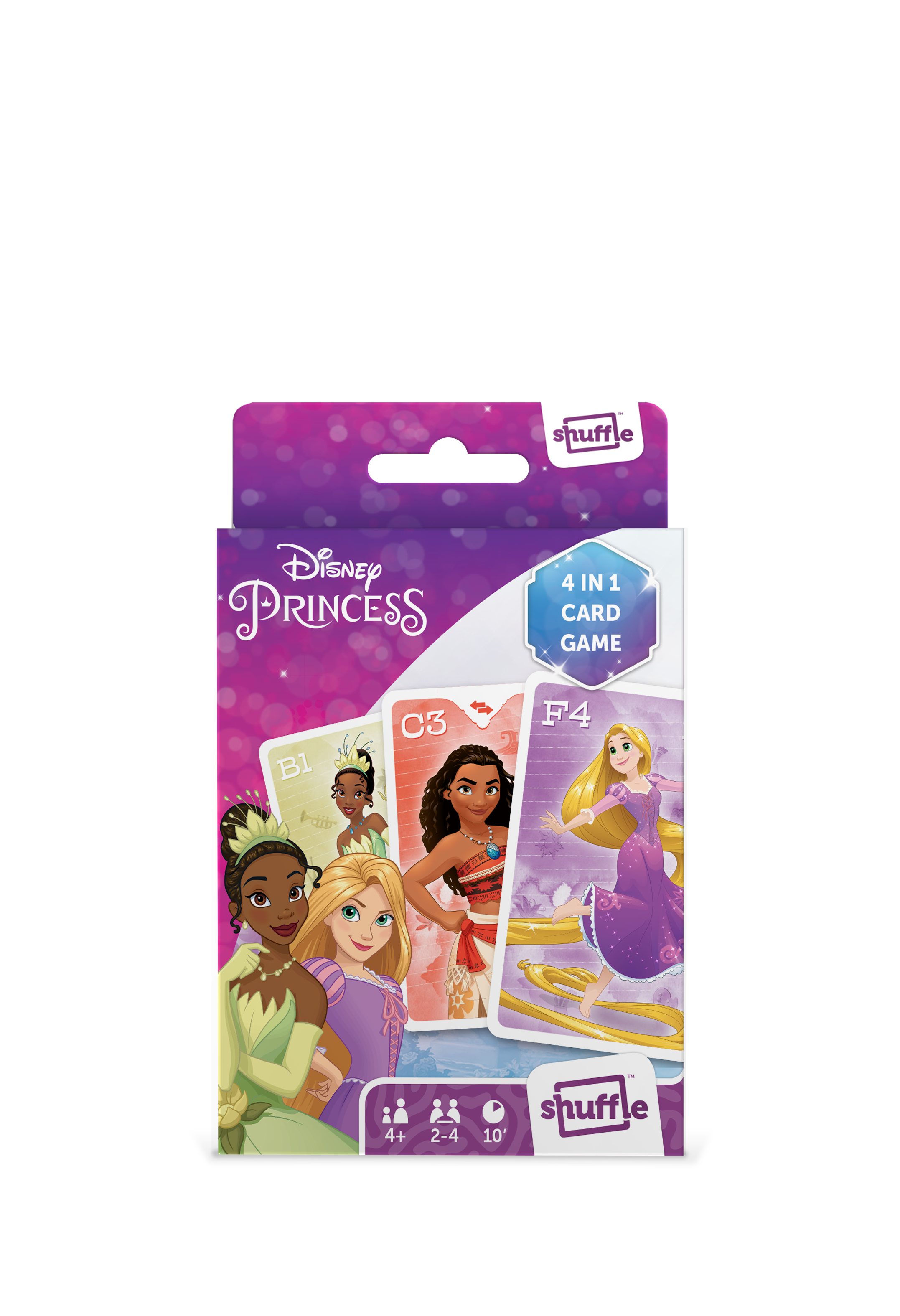 Disney Princess Kartenspiel-Box mit Tiana, Moana und Rapunzel auf farbigen Spielkarten.