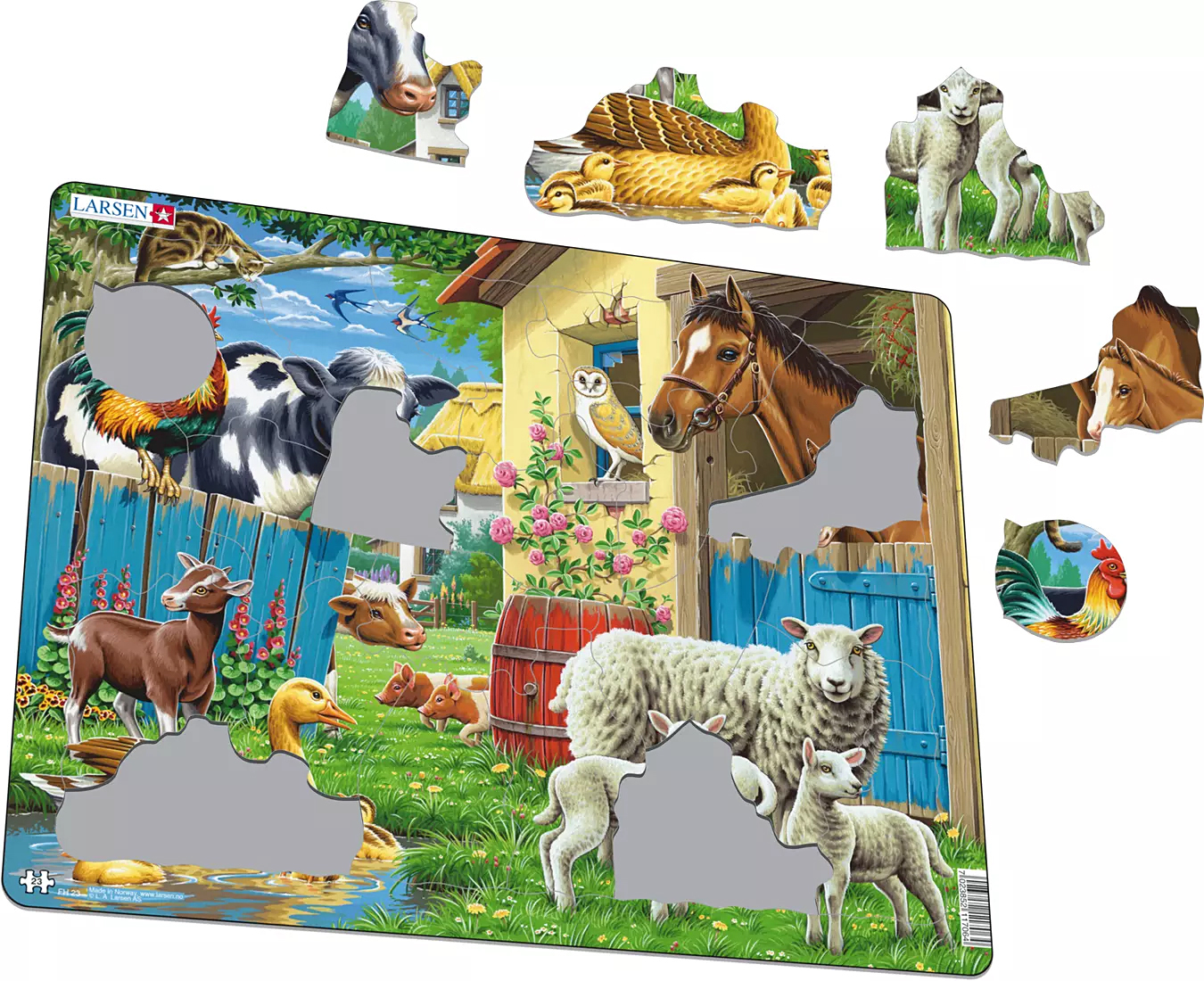 Ein Bauernhof-Holzpuzzle mit Tieren wie Kühen, Schafen, Pferden und Vögeln, teilweise in Ausschnitten.