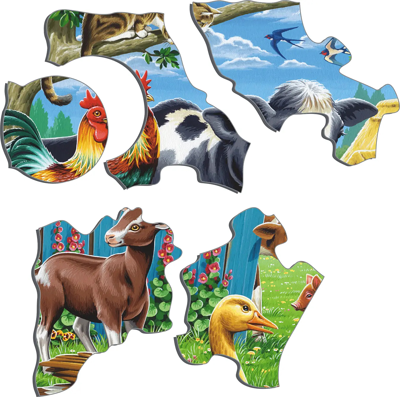 Verschiedene Puzzleteile zeigen Bauernhoftiere wie Ziege, Hahn, Kuh und Ente vor einer blauen Wand.