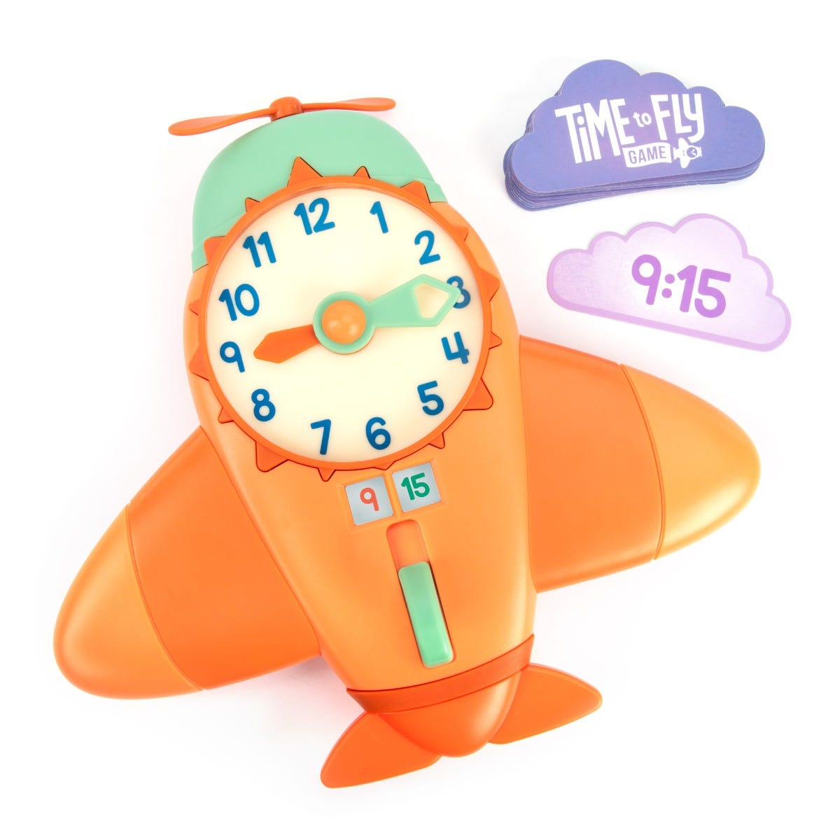 Ein orangefarbenes Flugzeug-Lernspielzeug mit Uhr und Wolkenkarten.