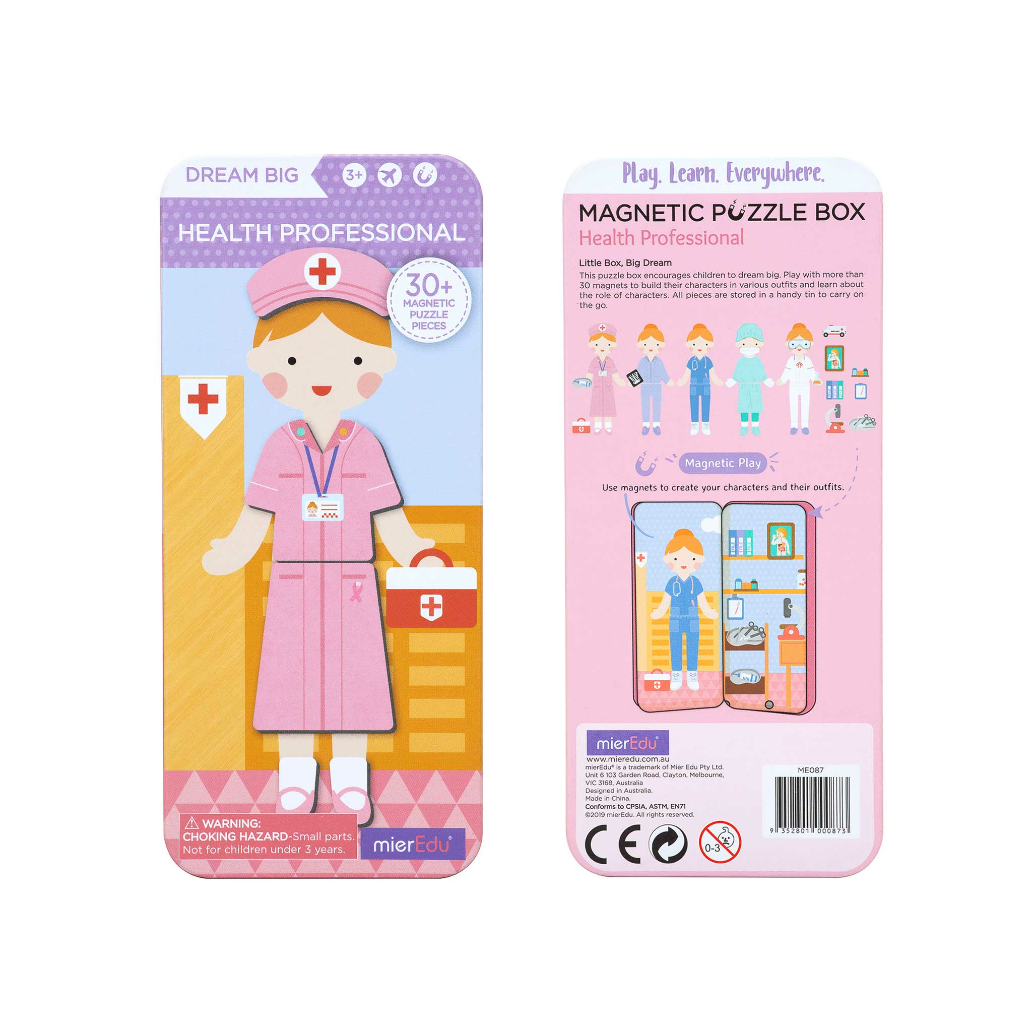 Verpackung einer Magnet-Puzzlebox mit Pflegekraft-Illustration und Produktdetails auf der Rückseite.