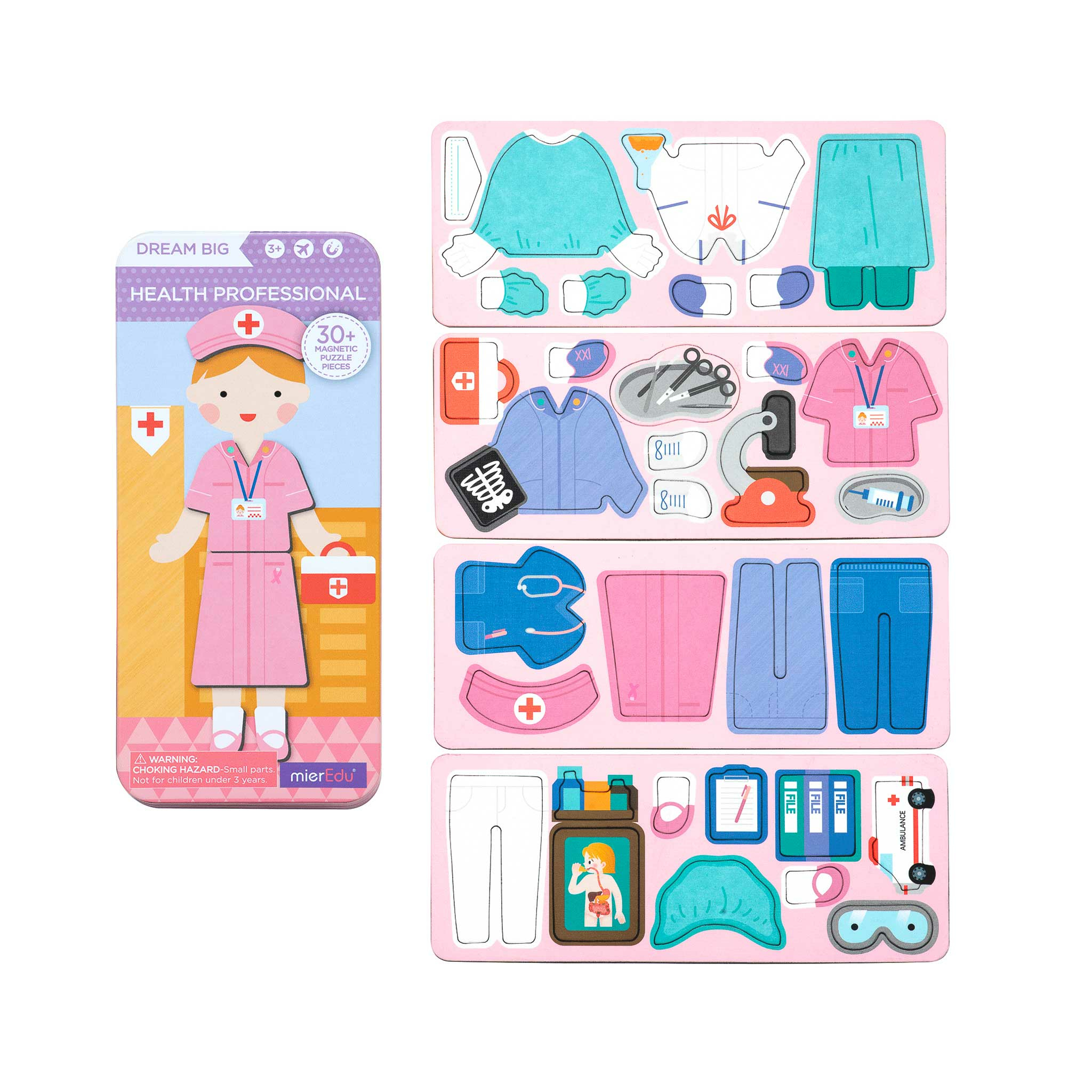 Gesundheitsprofi Magnetpuzzleset mit Kleidung und medizinischen Werkzeugen auf rosa Tafeln.