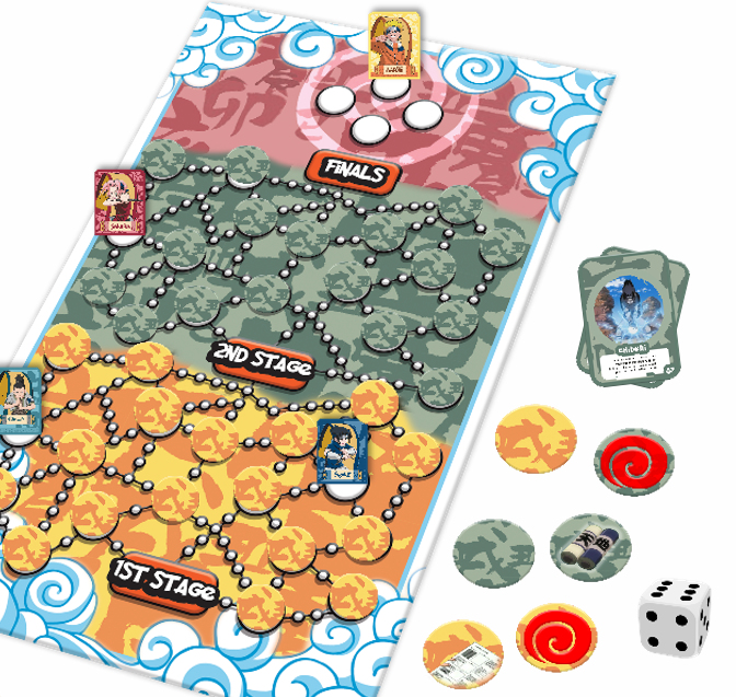 Ein buntes Brettspiel mit Wegen, Stufen, Karten, runden Token und einem weißen Würfel auf weißem Hintergrund.