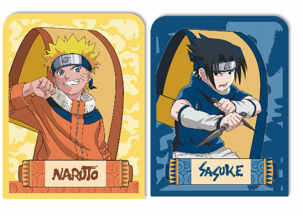 Anime-Karten mit Naruto auf gelbem und Sasuke auf blauem Hintergrund, Namen auf Schriftrollen.