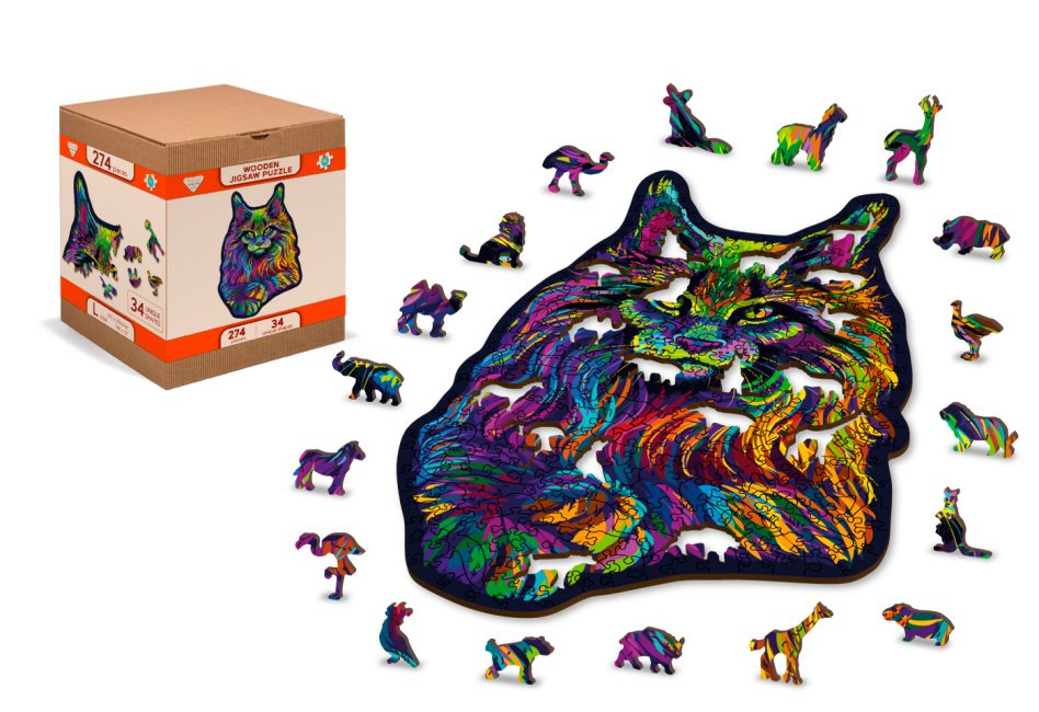 Ein hölzernes katzenförmiges Puzzle mit bunten Mustern, umgeben von einzigartigen Teilstücken und seiner Schachtel.