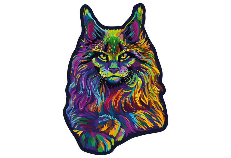 Eine lebendige, farbenfrohe Illustration eines Maine-Coon-Katzenkopfes mit auffälligen gelben Augen vor schlichtem Hintergrund.