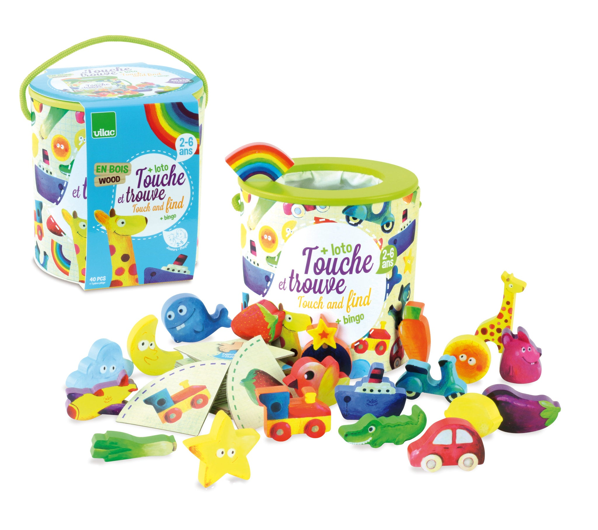 Buntes Holzspielzeug "Touche et trouve" mit bunten Figuren und zylindrischer Verpackung.