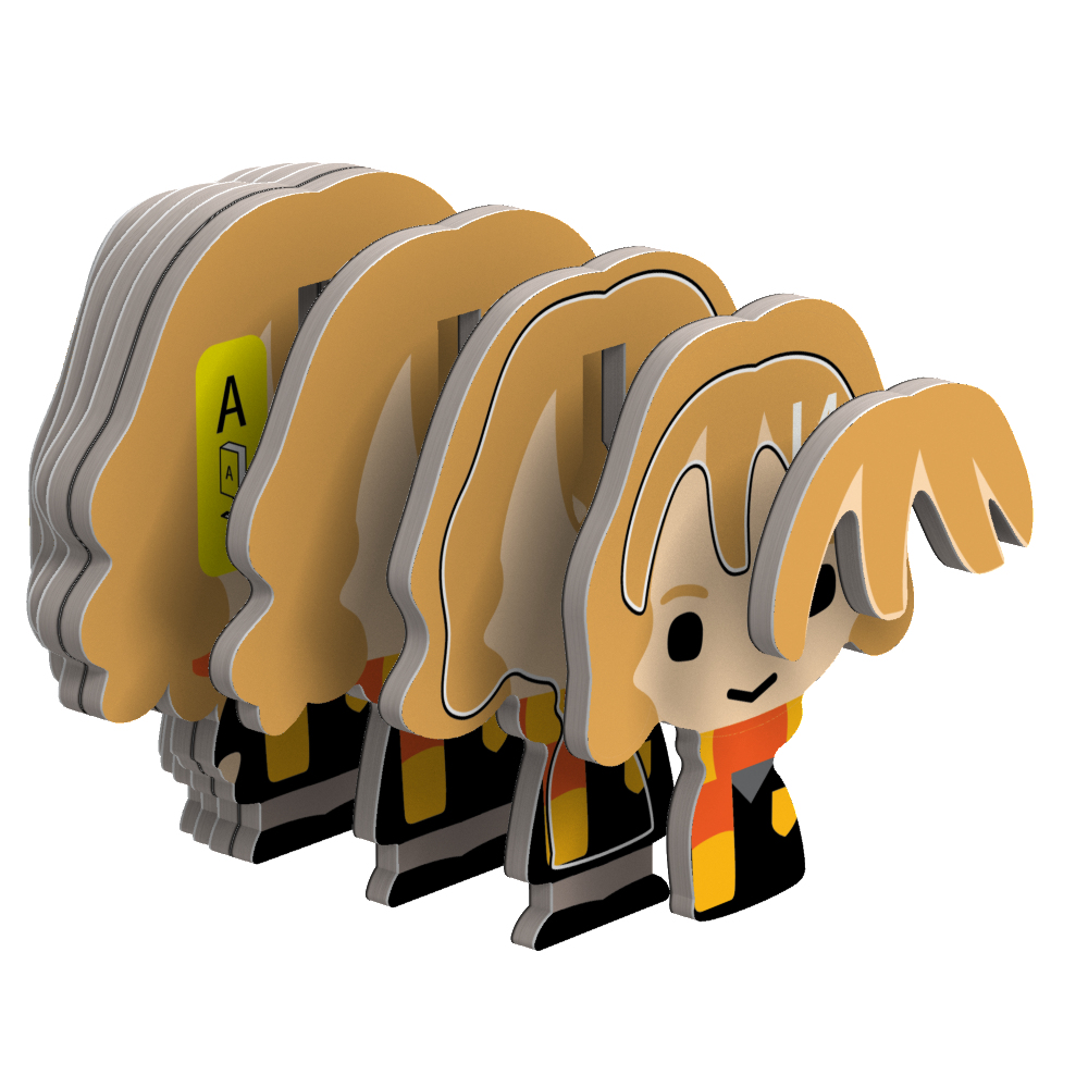 Gestapelte Pappfiguren einer Cartoon-Figur mit blonden Haaren und Schal vor weißem Hintergrund.