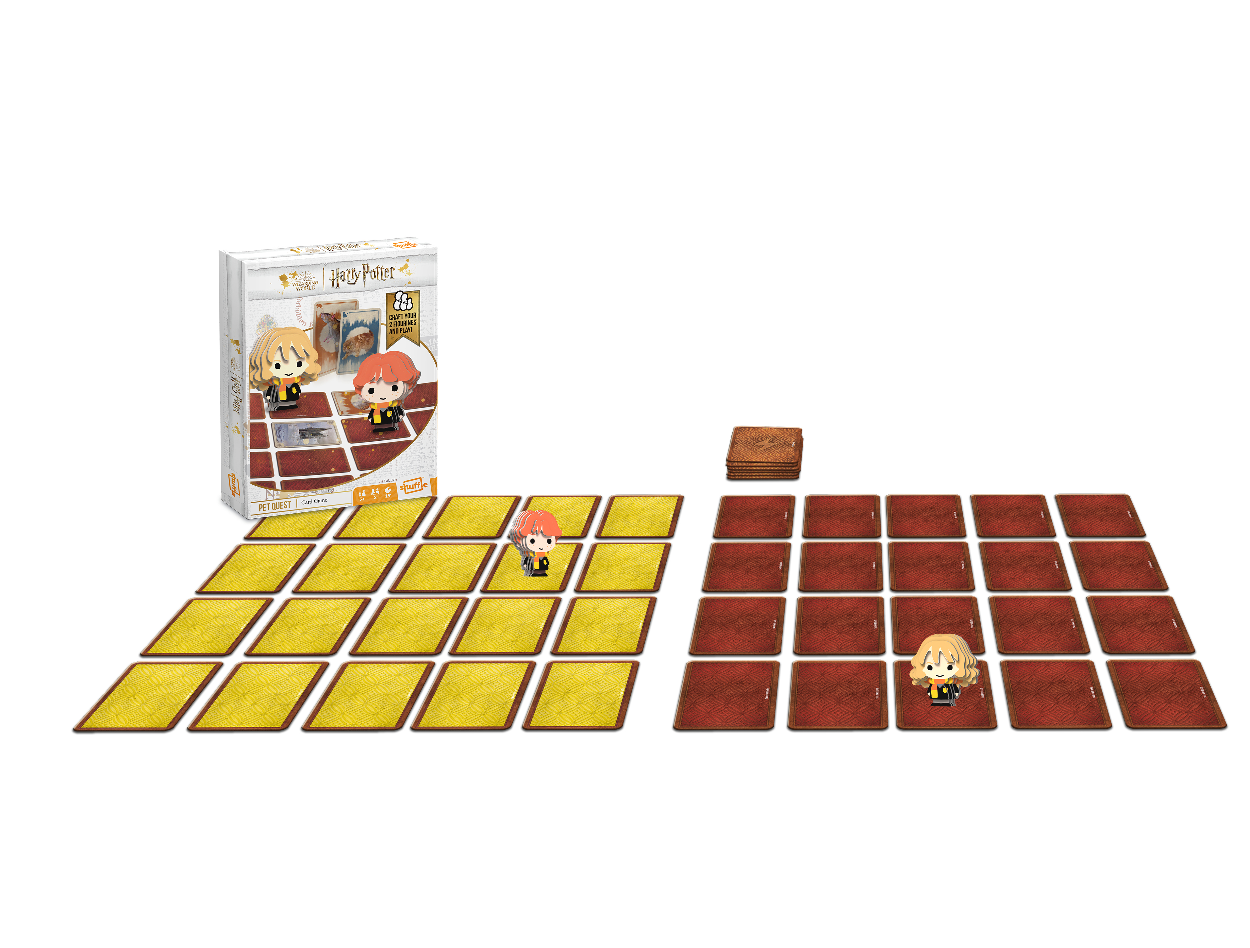 Harry Potter Kartenspiel mit Schachtel, gelben und roten Karten und kleinen Figuren auf weißem Hintergrund.