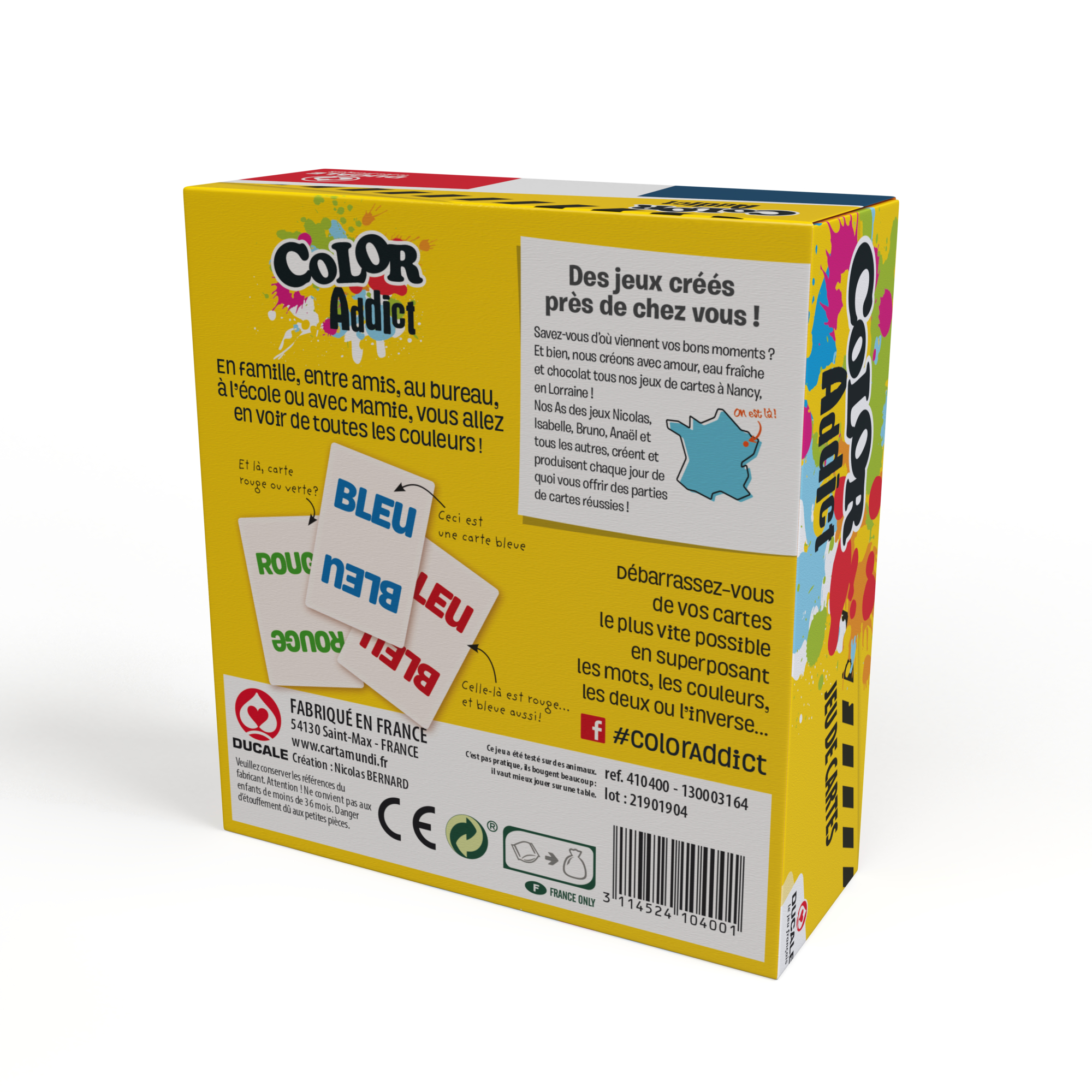 Die gelbe Rückseite einer Color Addict Kartenspielschachtel mit französischem Text und Spielkarten.