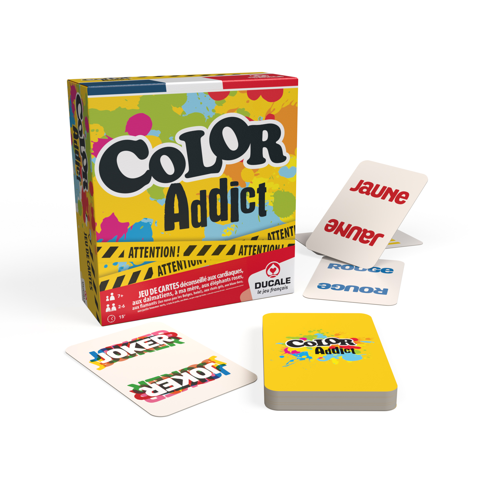 Color Addict Kartenspiel-Schachtel mit bunten Farbspritzern und Spielkarten.