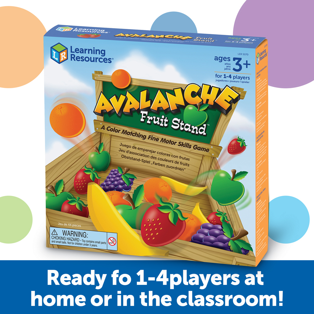 Spielverpackung von Avalanche Fruit Stand mit bunten Früchten auf Holzstand.