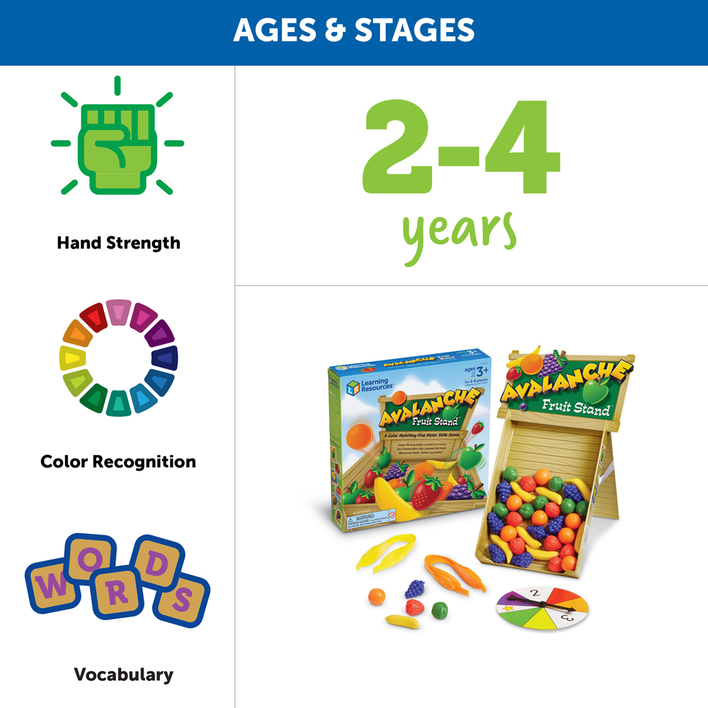 Spiel für 2-4 Jahre, fördert Handkraft, Farberkennung und Wortschatz mit Früchten.