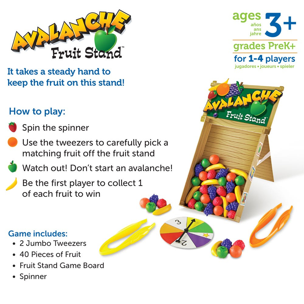 Avalanche Fruit Stand Brettspiel mit Stand, Spinner, Pinzette und Plastikfrüchten.