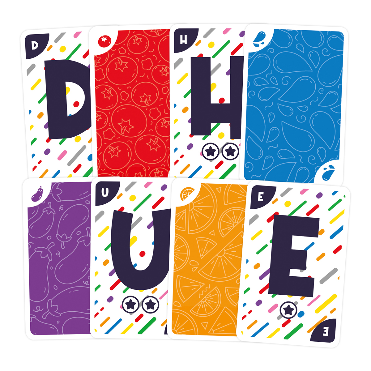 Ocho cartas de colores en dos filas forman la palabra DUHUE con letras grandes.