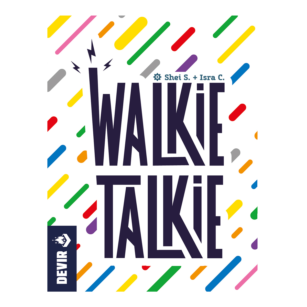 Caja de juego con texto azul Walkie Talkie sobre fondo blanco y líneas de colores.