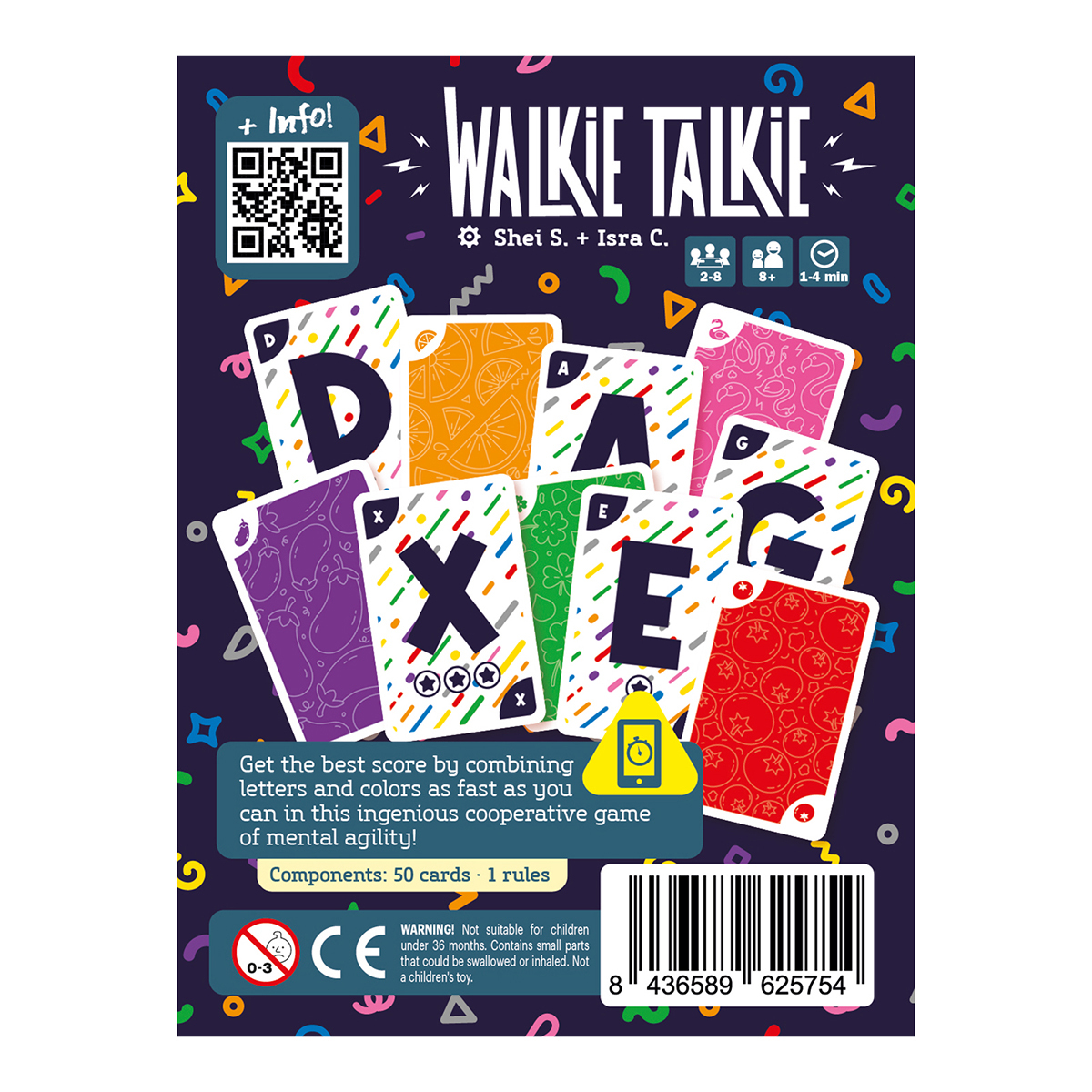 Caja del juego de cartas Walkie Talkie con coloridas cartas de letras sobre un fondo morado oscuro.
