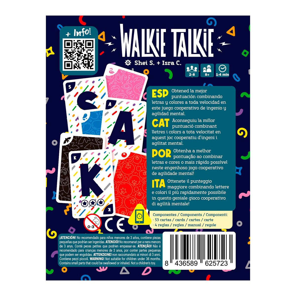 Parte trasera de la caja del juego de cartas Walkie Talkie con cartas coloridas y descripciones multilingües.