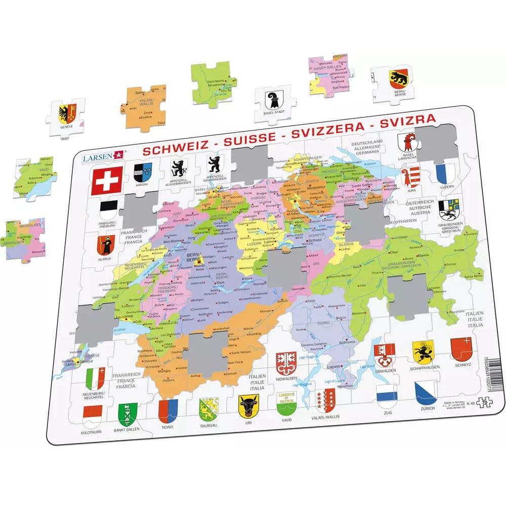 Ein Schweizer Puzzle mit Kantonswappen und herausgetrennten Puzzleteilen oben und an den Seiten.