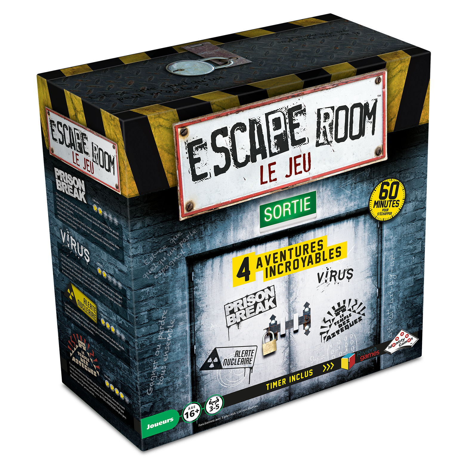 Escape-Room-Brettspielbox mit Metalltürgrafik, Schloss und gelben Warnstreifen.