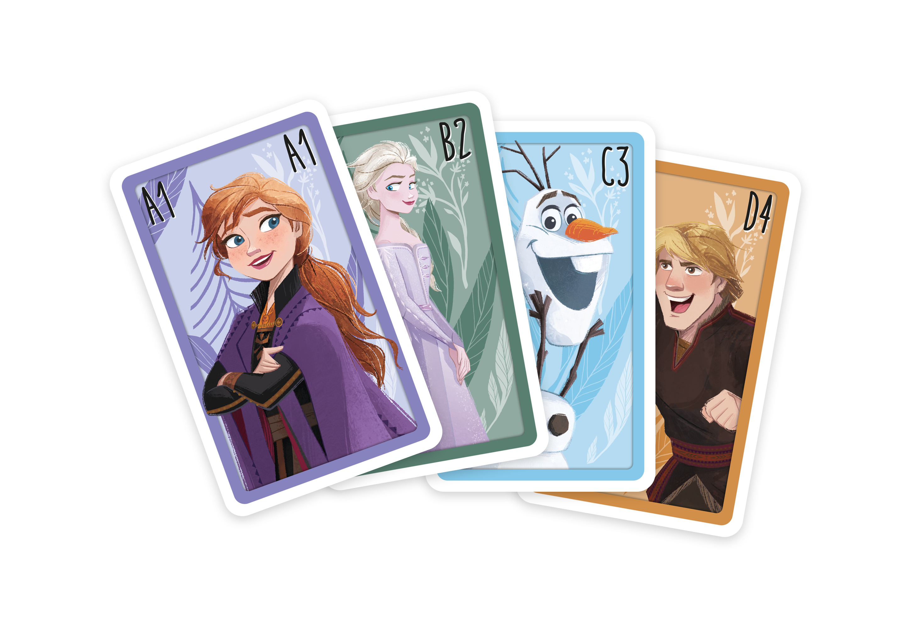 Vier Frozen-Karten zeigen Anna, Elsa, Olaf und Kristoff vor weißem Hintergrund.