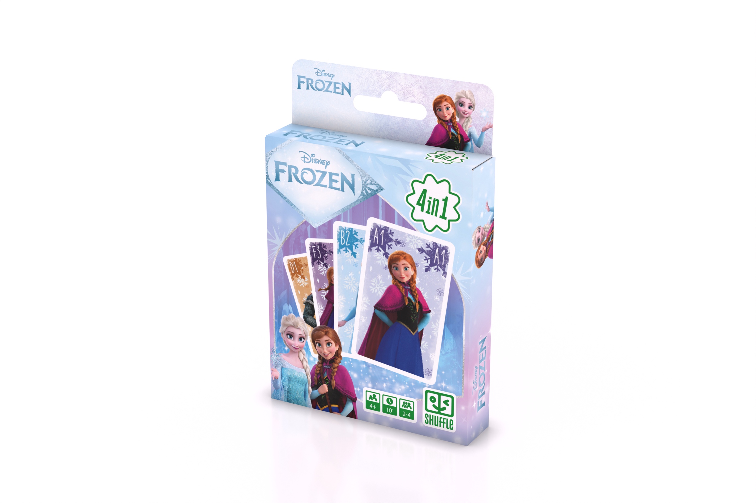 Eine Disney Frozen 4in1 Kartenspielbox mit Anna und Elsa auf der Vorderseite vor einem blauen Hintergrund.