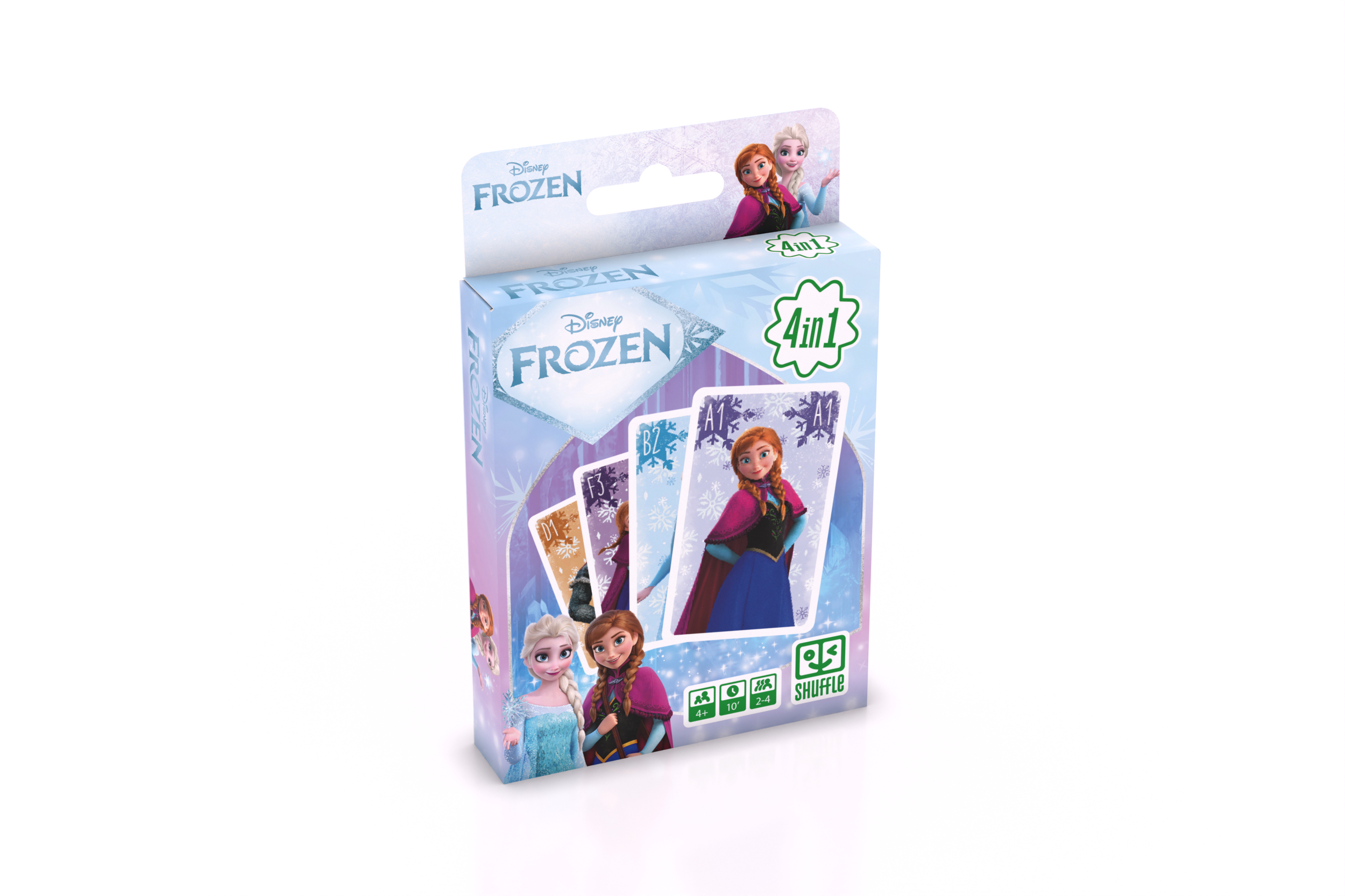 Eine blau-weiße Disney Frozen 4in1 Kartenspielbox zeigt Elsa und Anna auf der Vorderseite.
