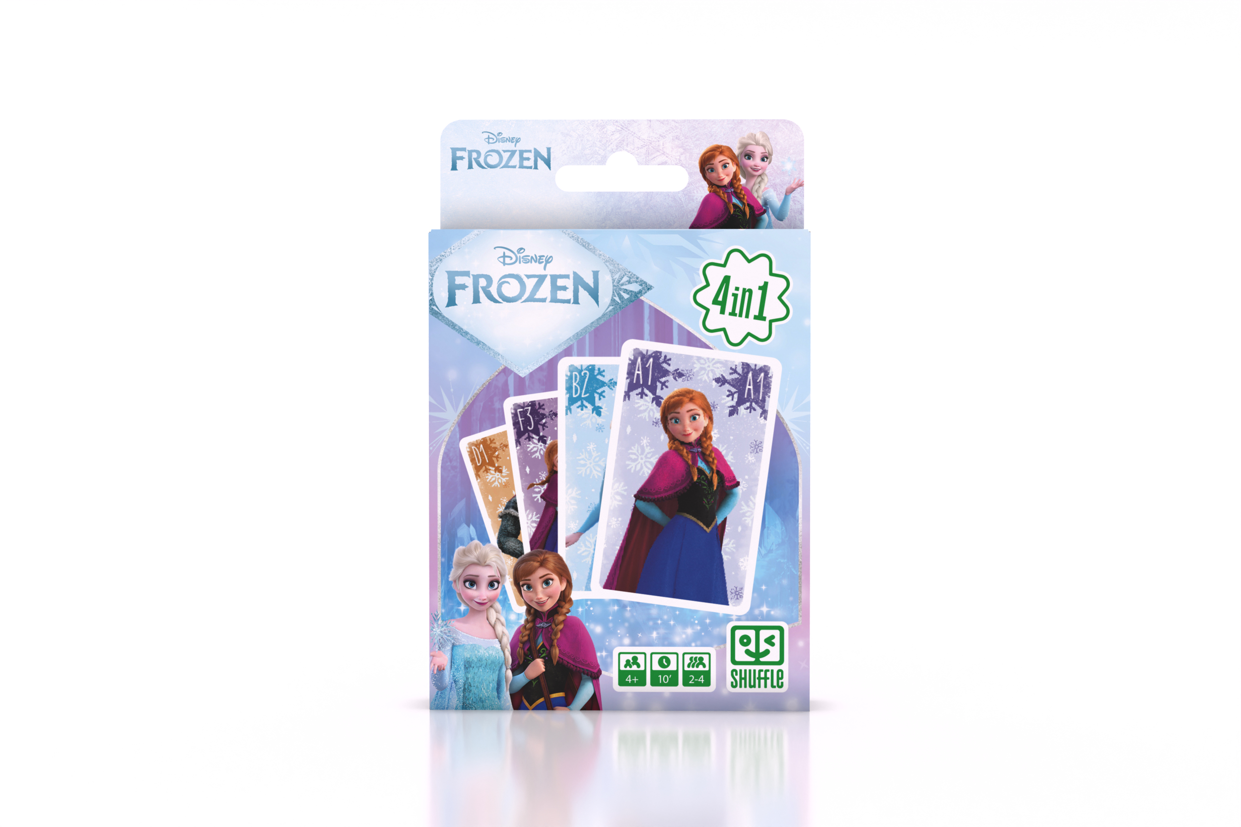 Disney Frozen 4in1 Kartenspiel-Schachtel mit Anna und Elsa vor hellblauem, lilafarbenem Schneehintergrund.