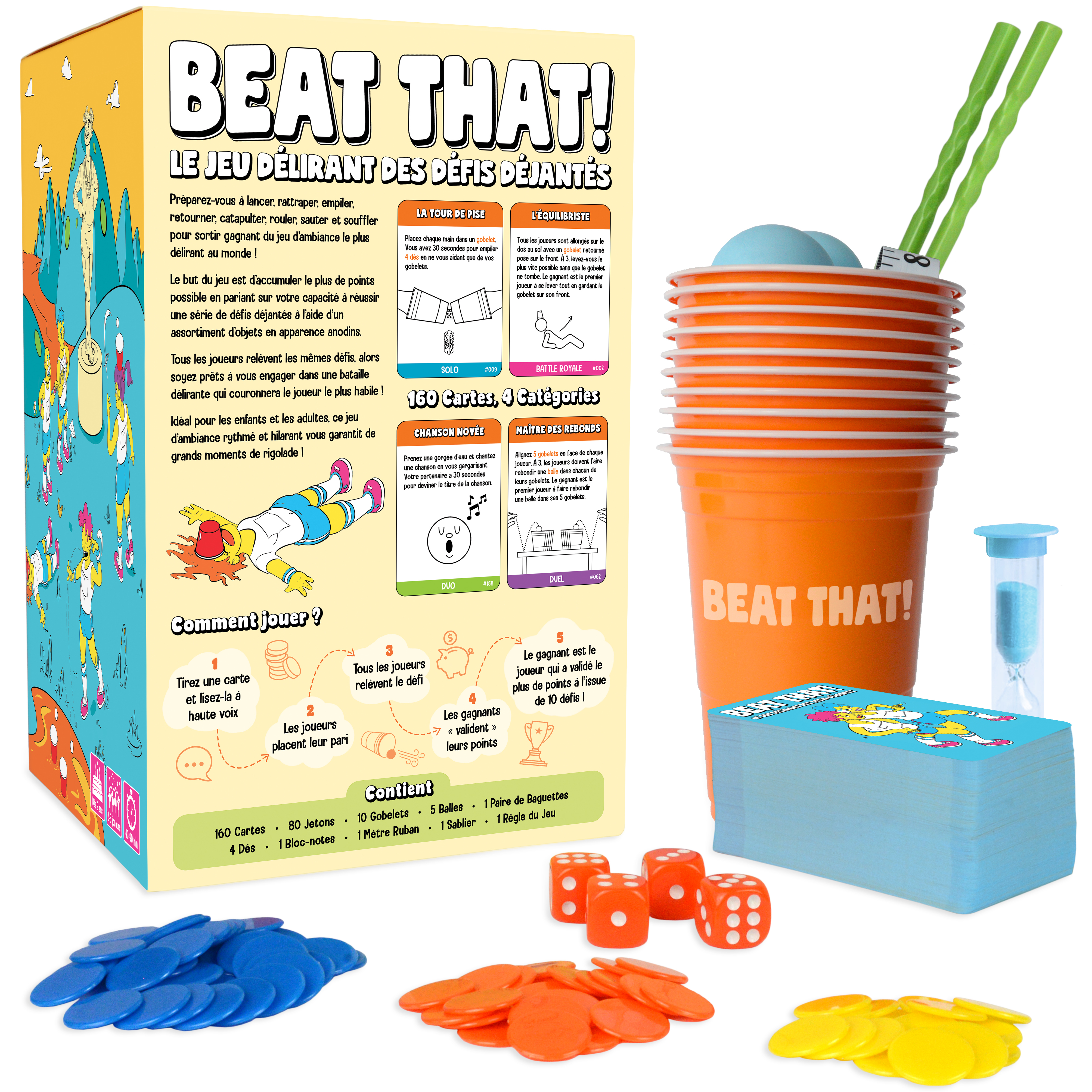 Das Partyspiel Beat That zeigt Spielkartons, orange Becher, Würfel, Sanduhr und bunte Spielsteine.