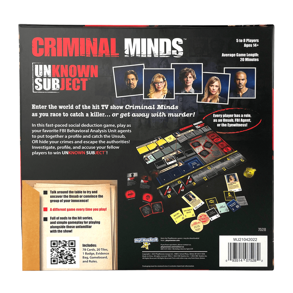 Rückseite der Criminal Minds Brettspielverpackung mit Charakterfotos und Spielteilen.