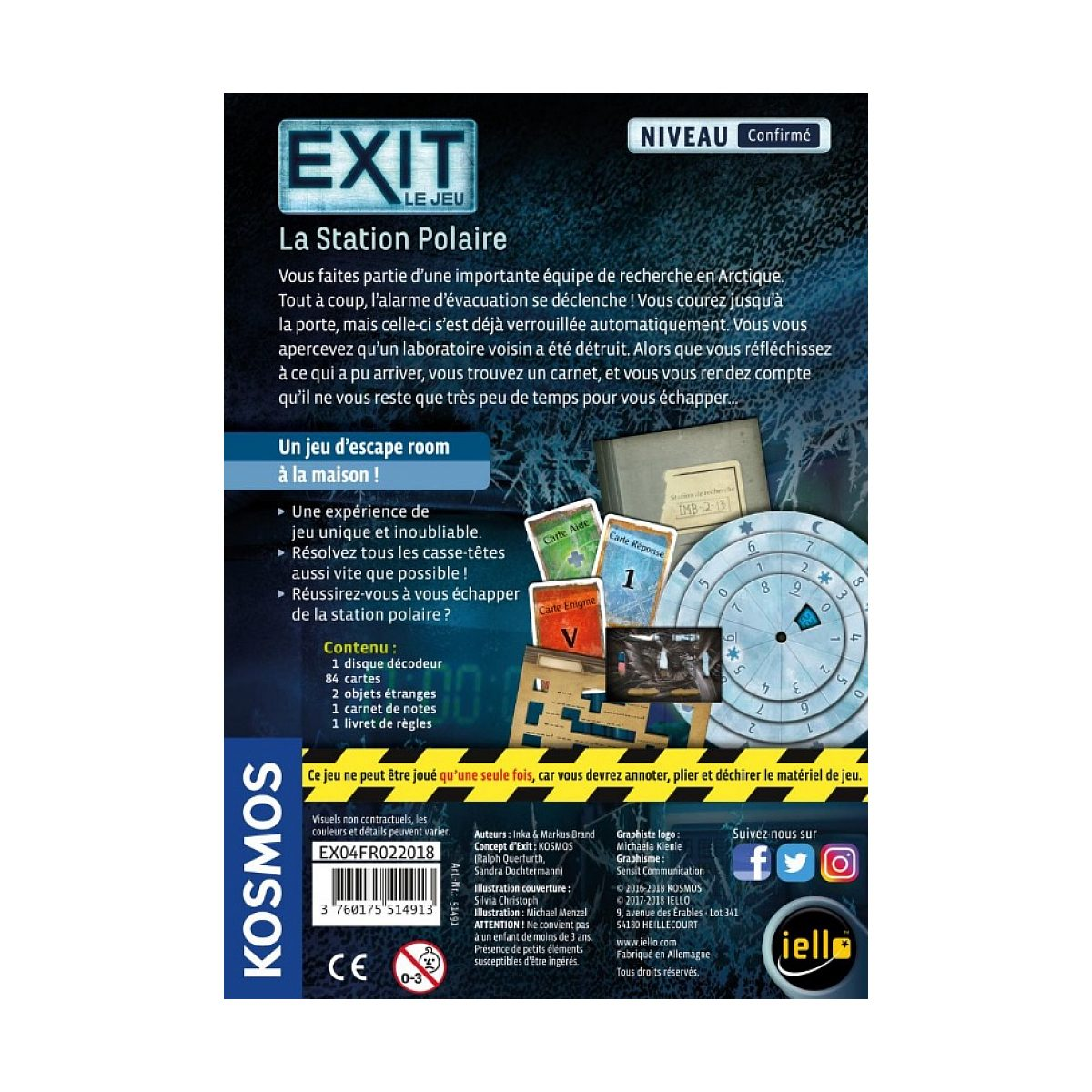Rückseite des EXIT-Spiels La Station Polaire mit Texten, Karten, Decoder-Scheibe und Spielkomponenten in Blau.