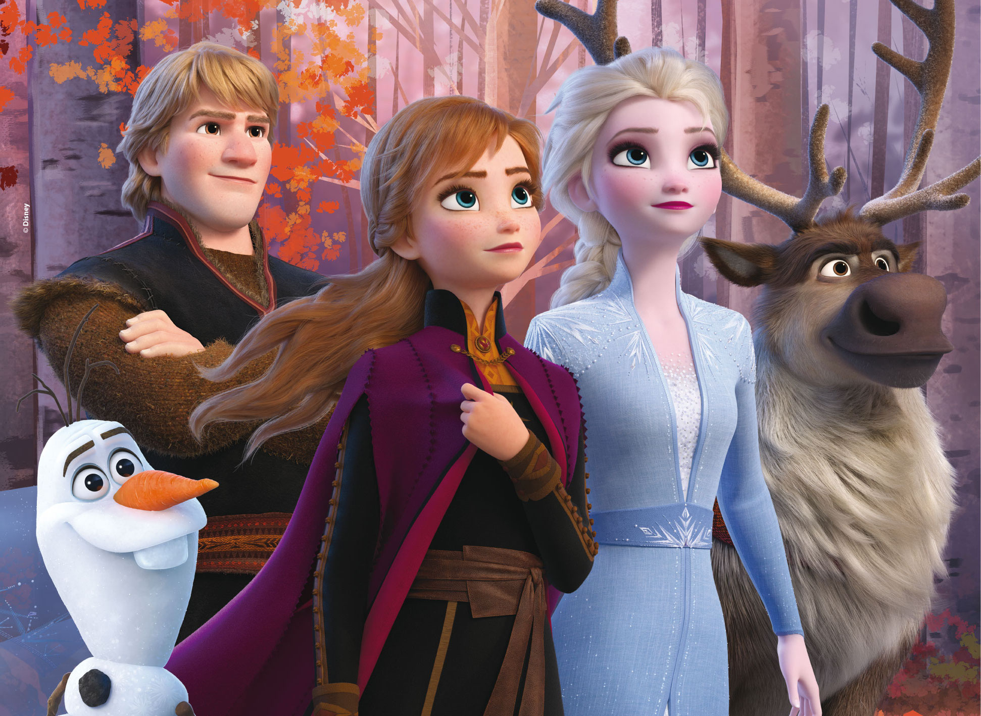 Die Gefrorenen-2-Figuren Kristoff, Anna, Elsa, Olaf und Sven posieren in einem Herbstwald.
