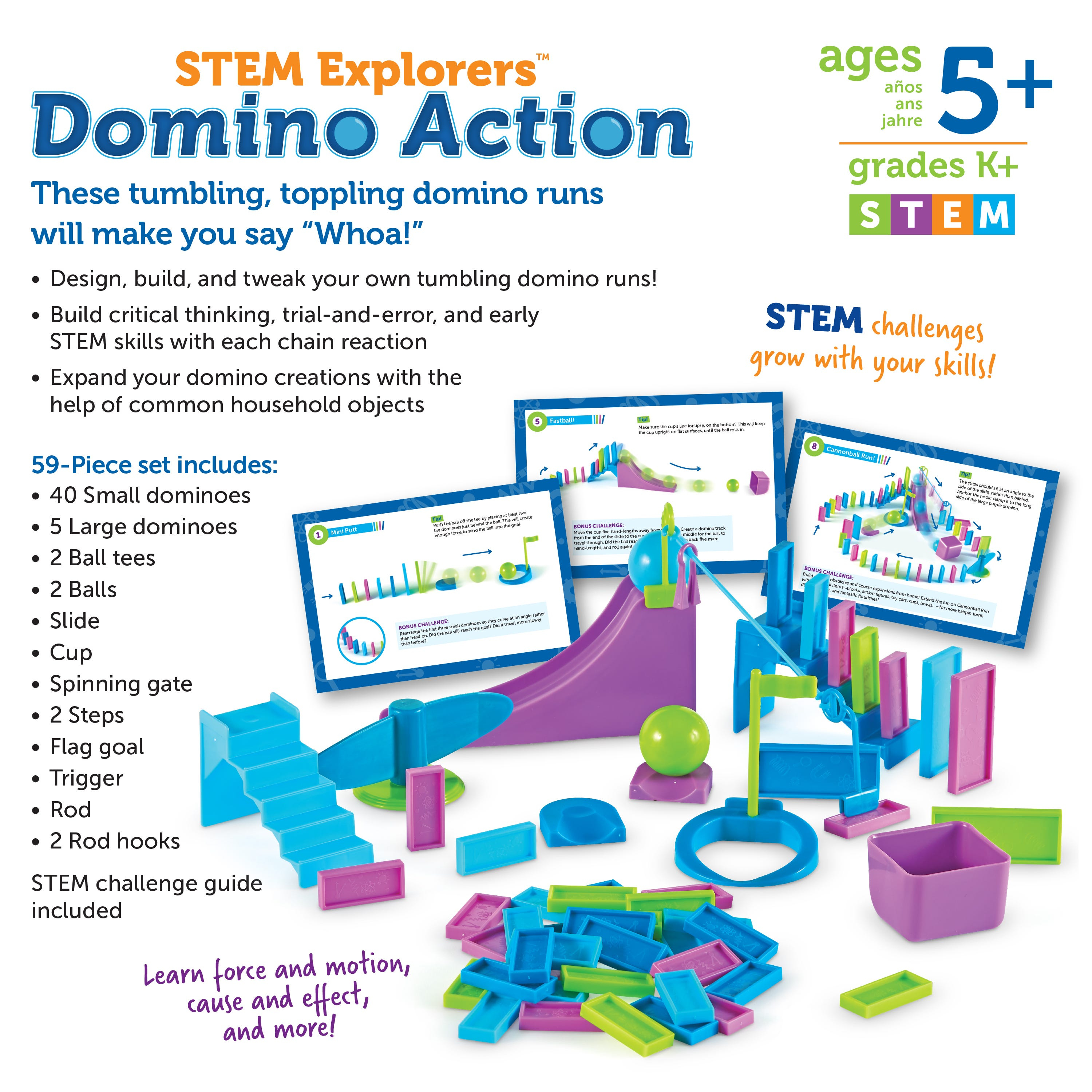 Verpackung und Teile des STEM Explorers Domino Action Spiels für Kinder ab 5 Jahren mit bunten Dominosteinen und Zubehör.