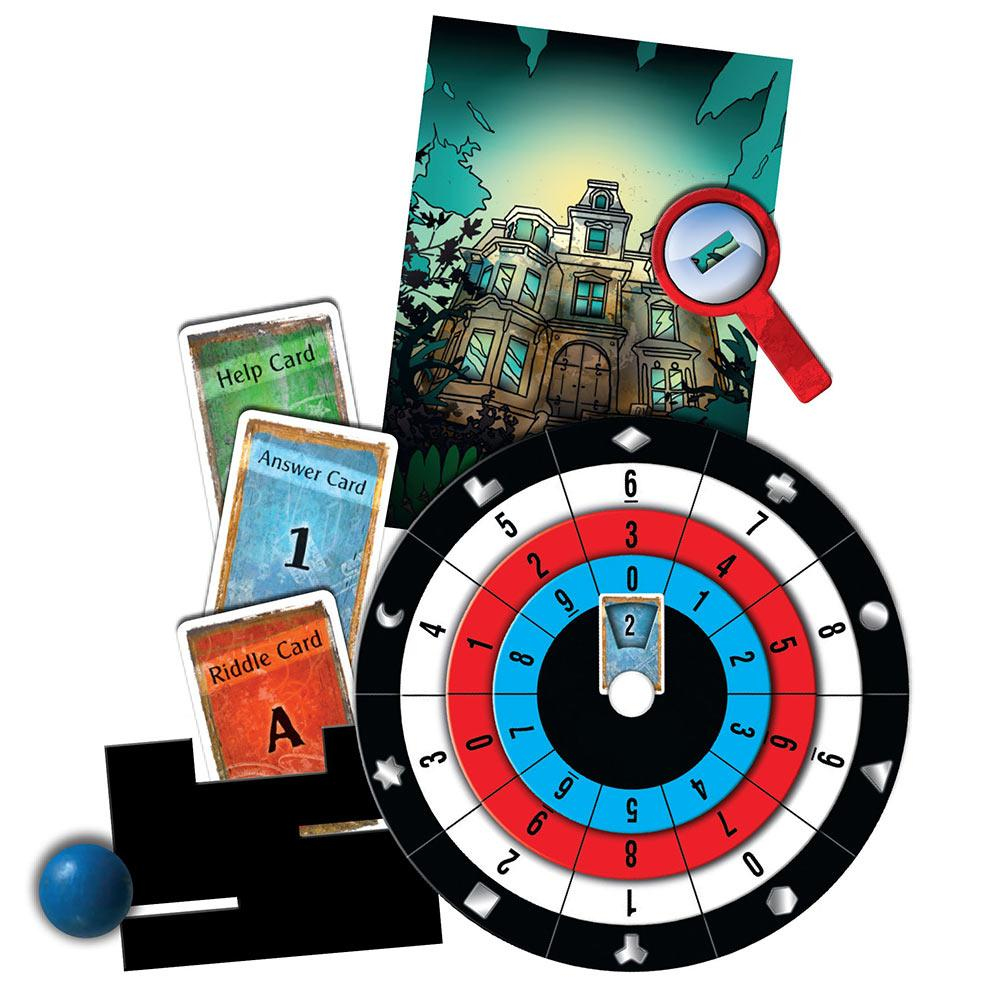 Spielmaterial mit Karten, Dekodierscheibe, blauer Kugel, gezeichneter Villa und roter Lupe auf weißem Grund.