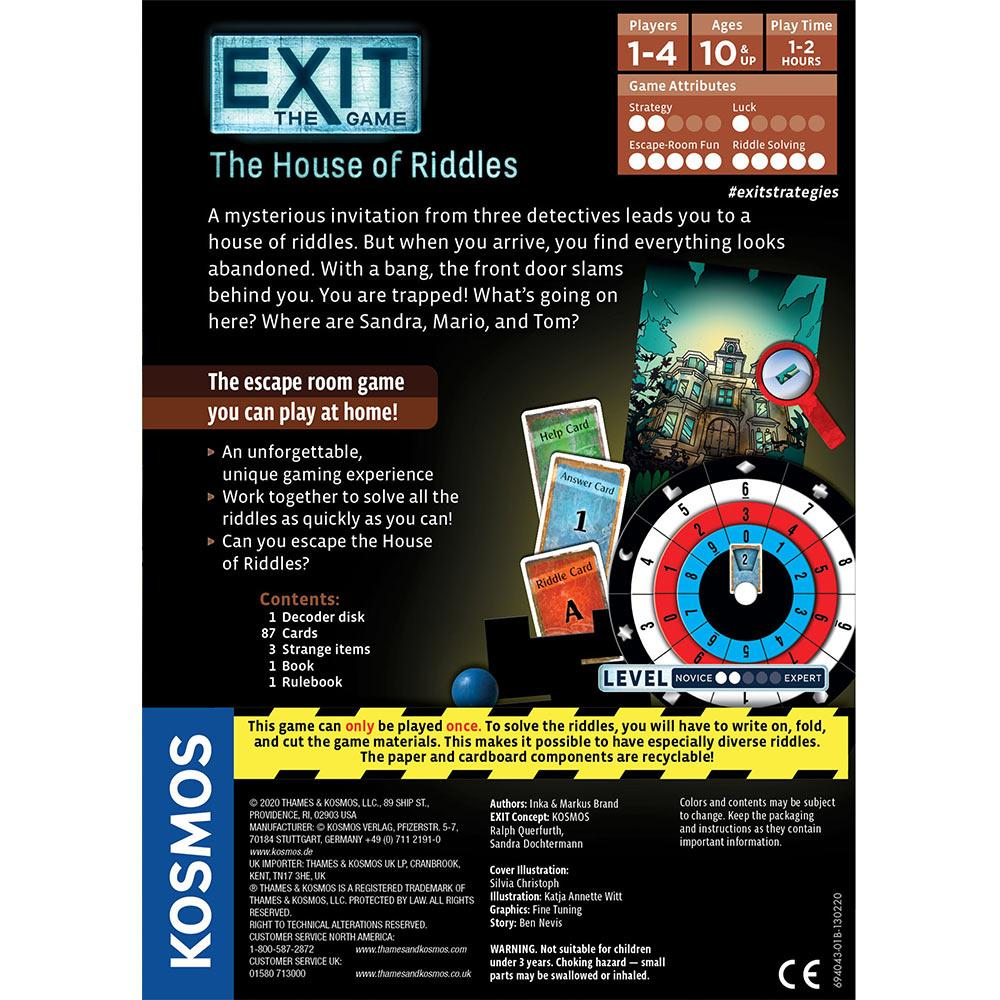 Verpackung der Brettspiel-Box Exit: Das Haus der Rätsel mit Spielkarten und Decoder-Scheibe.