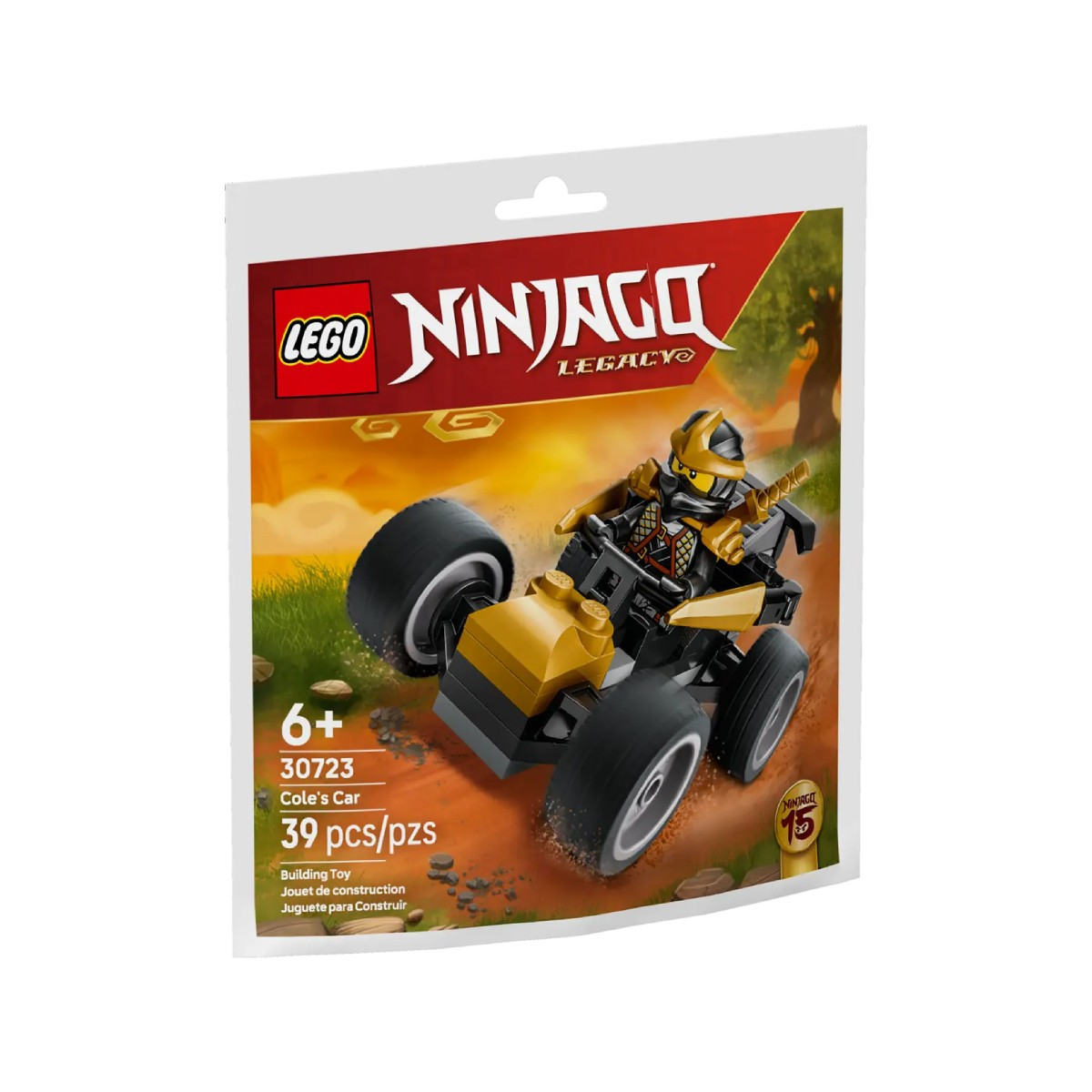Paquete de Lego Ninjago Legacy Cole's Car con un vehículo negro y dorado y una minifigura de ninja.
