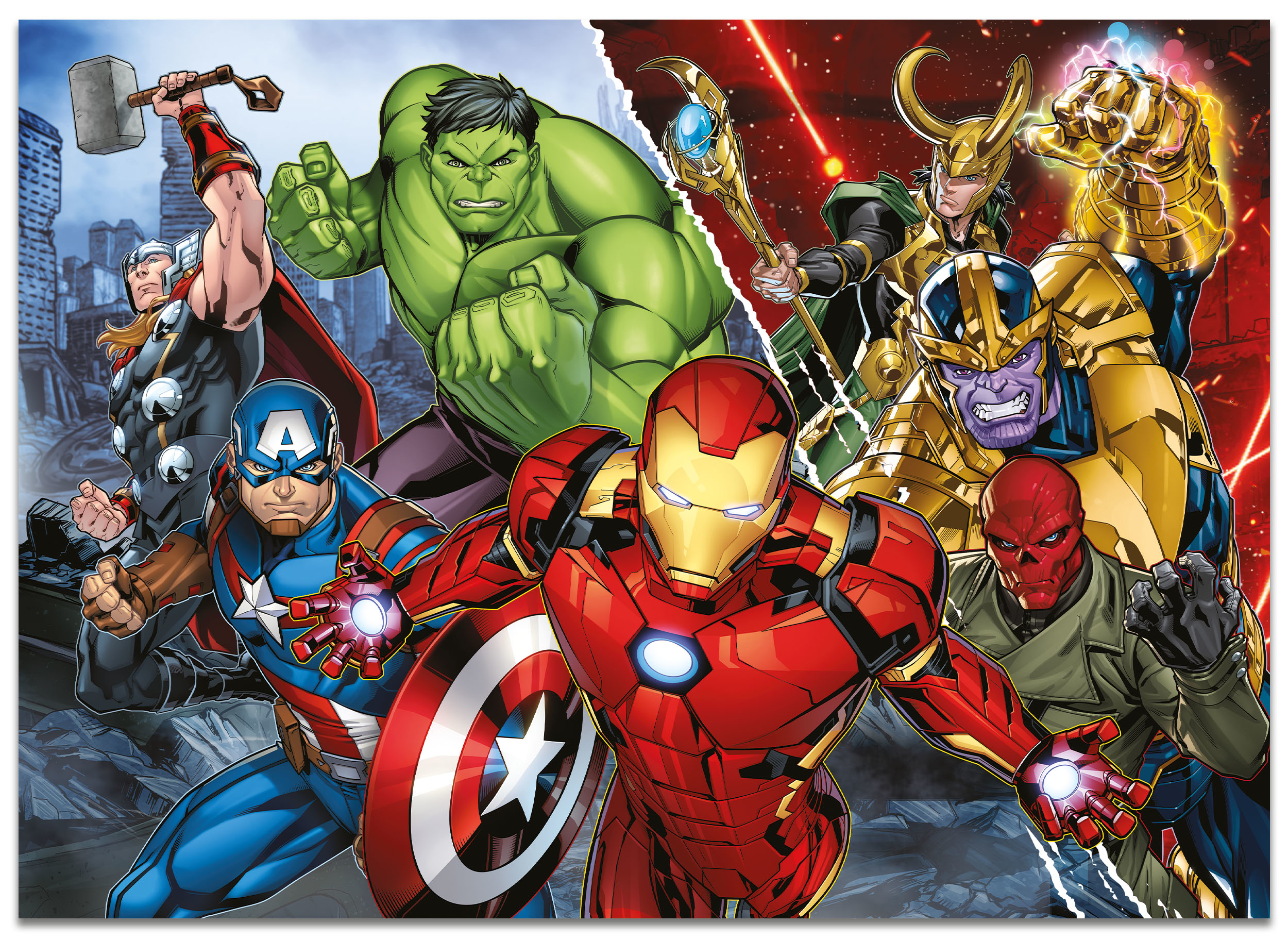 Marvel-Helden Thor, Hulk, Captain America und Iron Man kämpfen gegen Schurken Loki, Thanos und Red Skull.