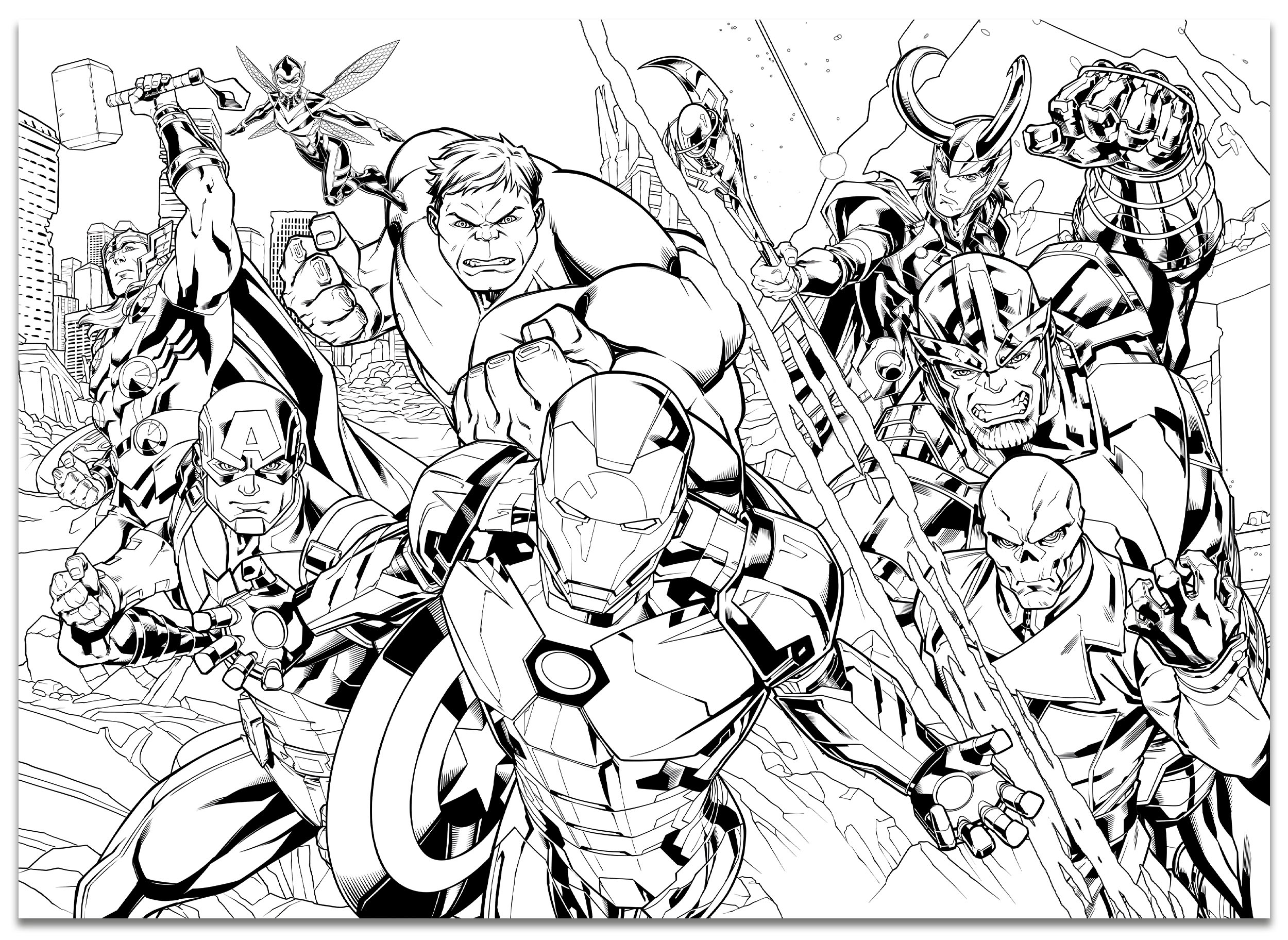 Schwarz-Weiß-Malvorlage von Marvel-Superhelden wie Iron Man, Thor, Hulk und Captain America im Kampf.