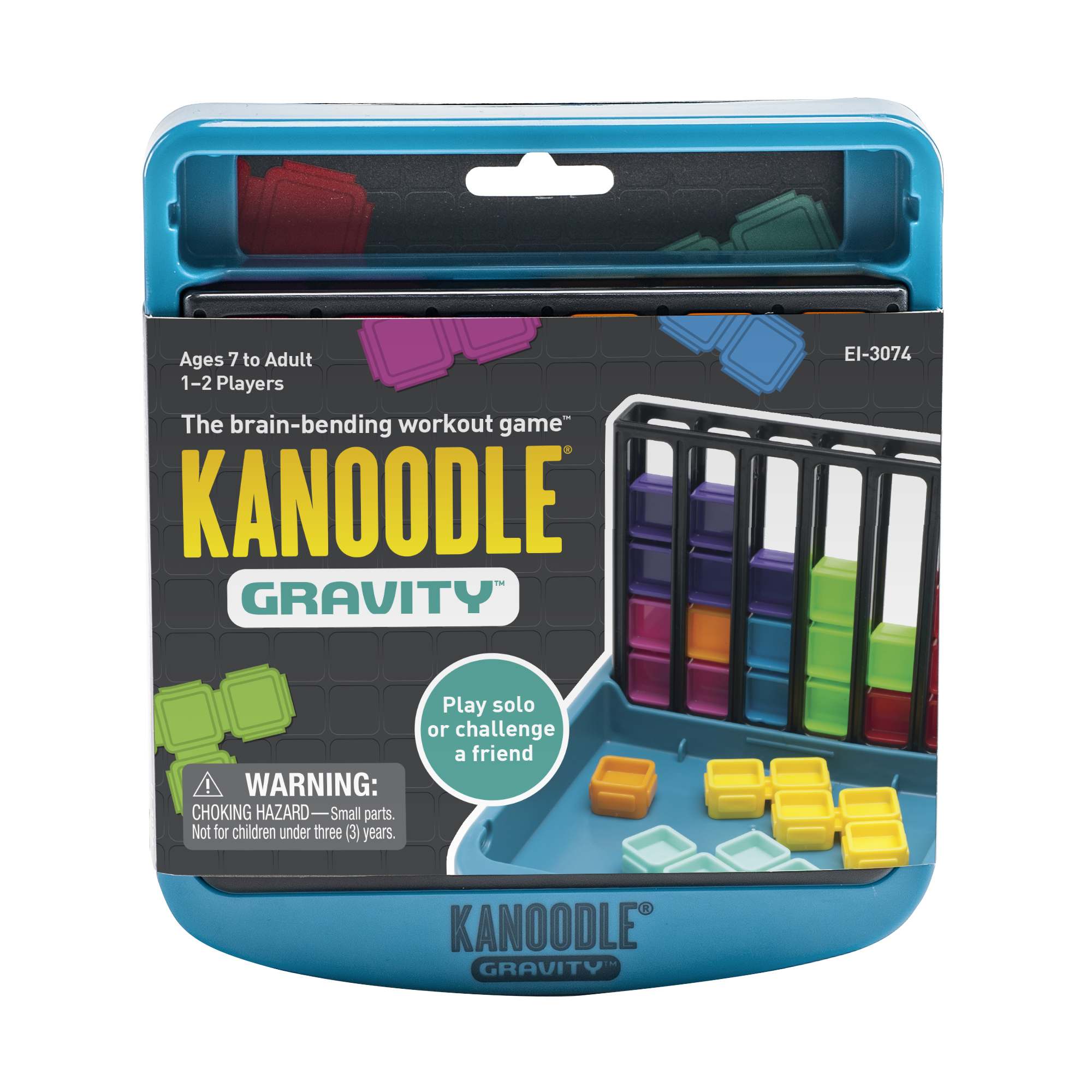 Die Box für Kanoodle Gravity, ein 3D-Puzzlespiel, mit blauem Gehäuse und bunten Stapelblöcken.