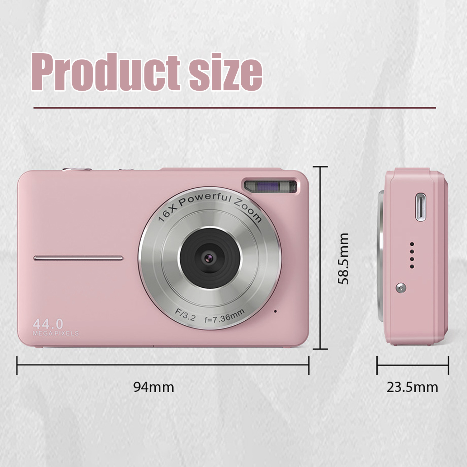 Rosa Digitalkamera mit Maßen: 94mm Breite, 58.5mm Höhe und 23.5mm Tiefe vor weißem Hintergrund.
