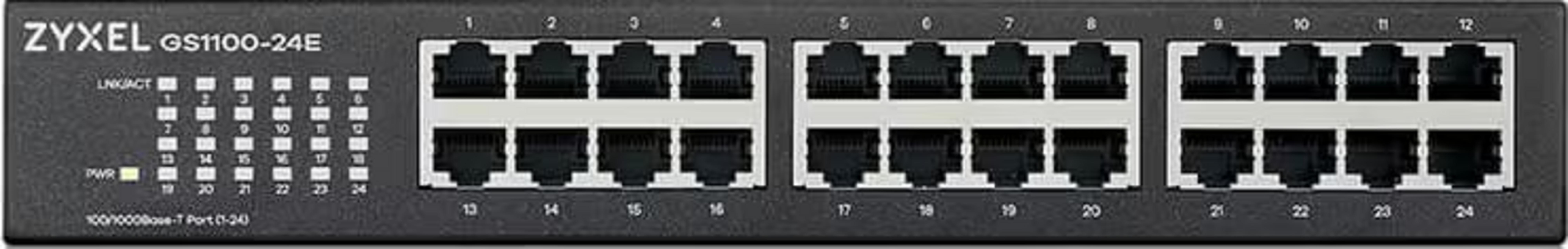 Conmutador de red Zyxel GS1100-24E negro con veinticuatro puertos ethernet etiquetados e indicadores LED frontales.