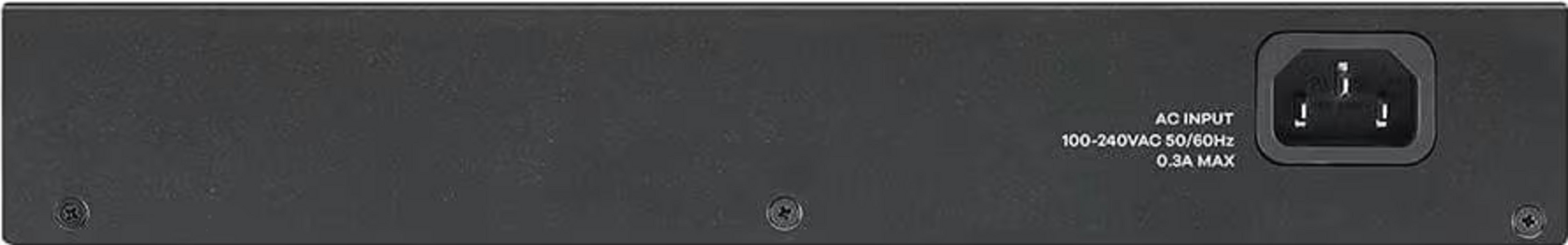 Panel trasero de un dispositivo electrónico negro con una toma de corriente AC y especificaciones.