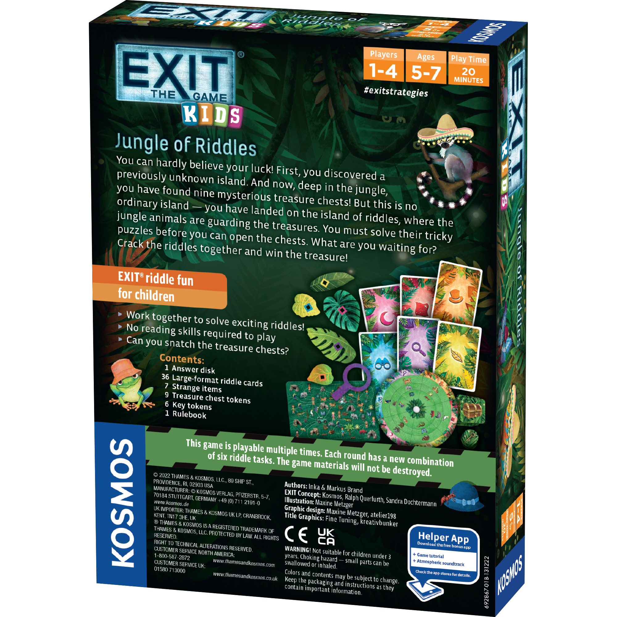 Rückseite der Spielverpackung Exit Kids Jungle of Riddles mit Karten, Scheibe, Beschreibung und grünem Dschungel-Design.