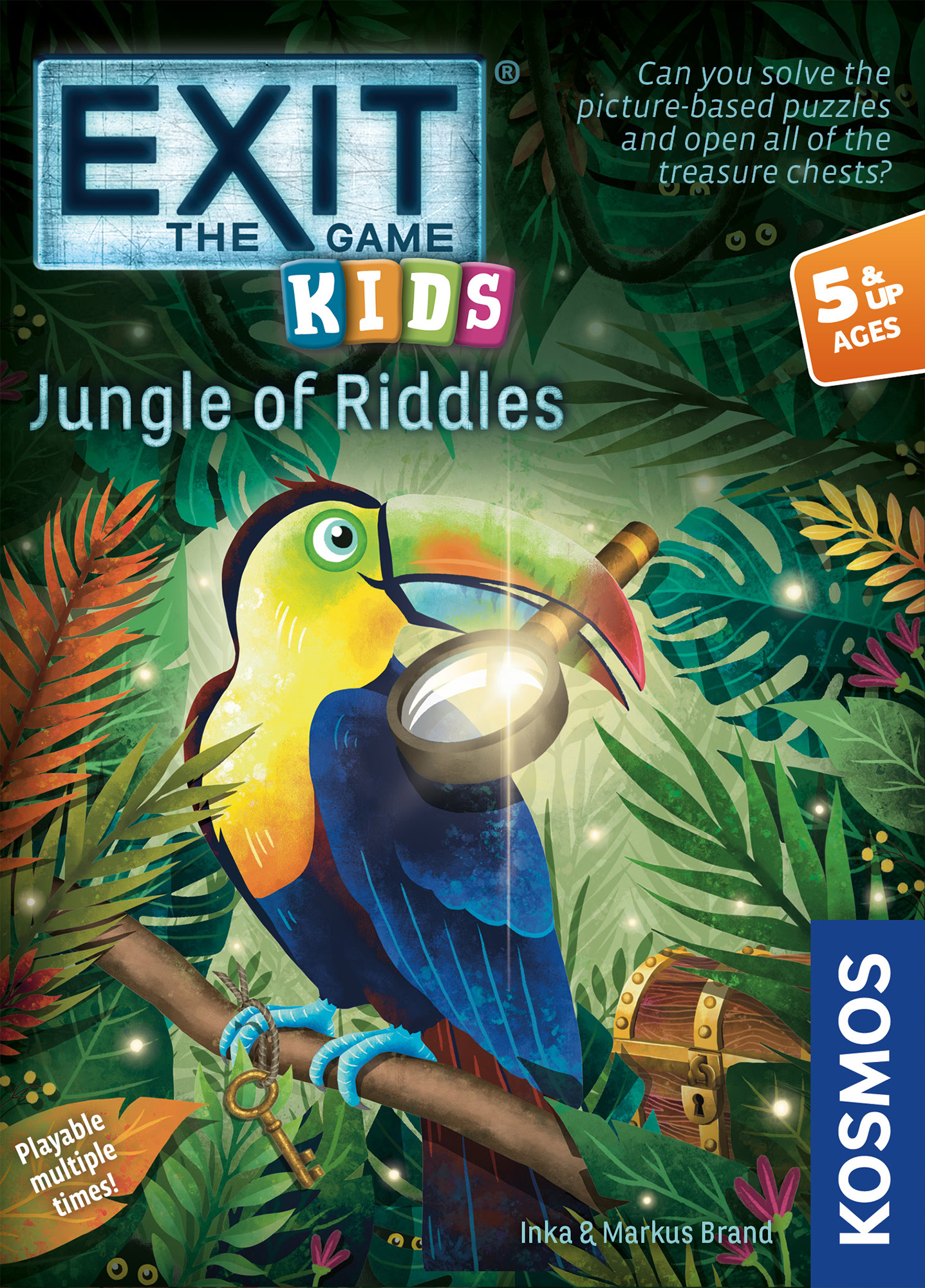 Brettspiel-Cover "EXIT: The Game Kids - Dschungel der Rätsel" mit einem Tukan der eine Lupe hält.