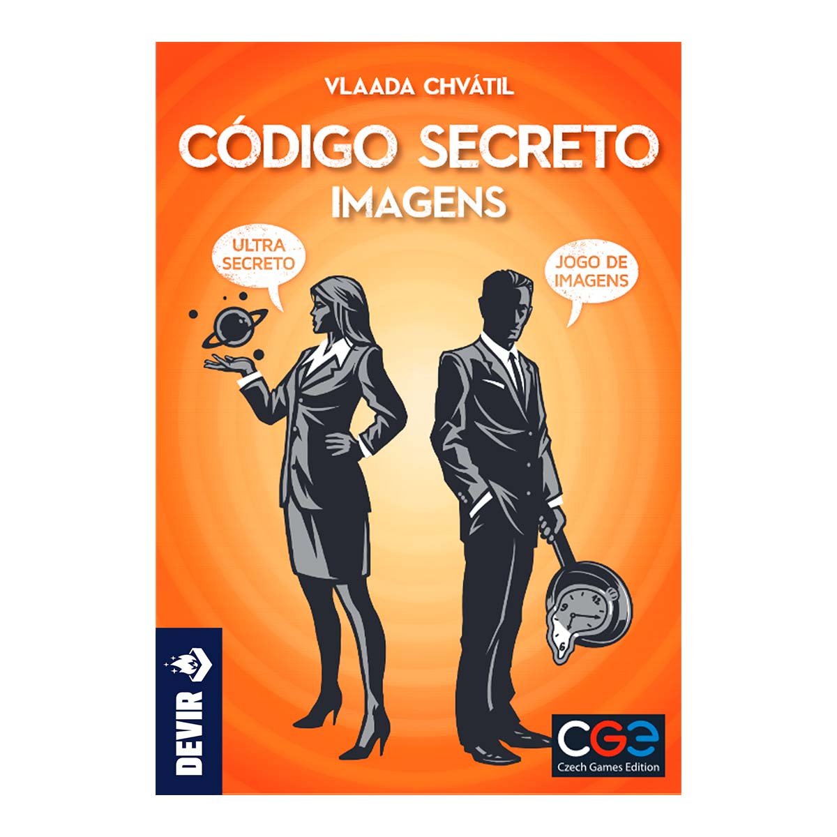 Portada de juego de mesa con una empresaria y un empresario sobre un fondo naranja.