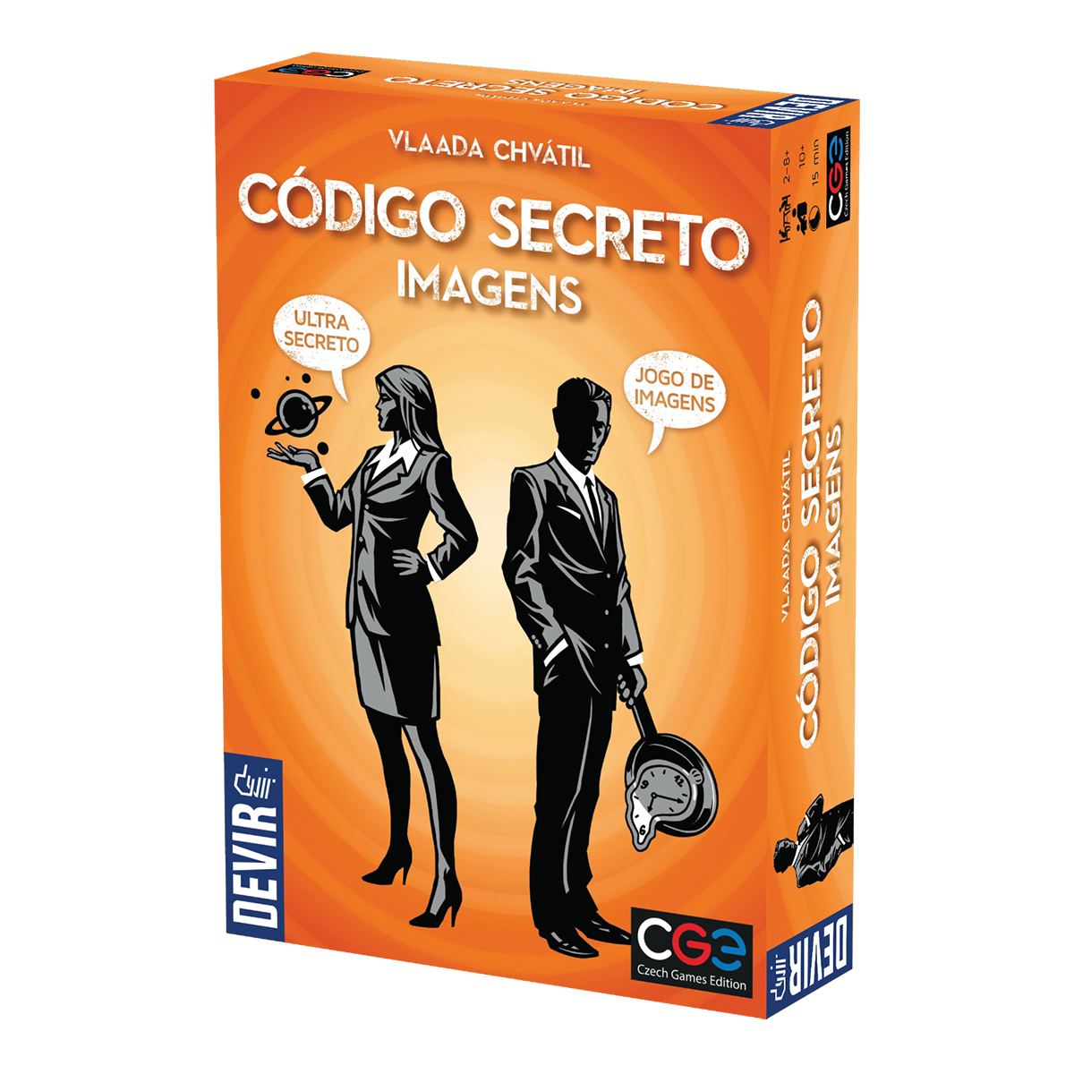 Caja del juego de mesa Code Names Imagens con una mujer y un hombre con traje sobre fondo naranja.